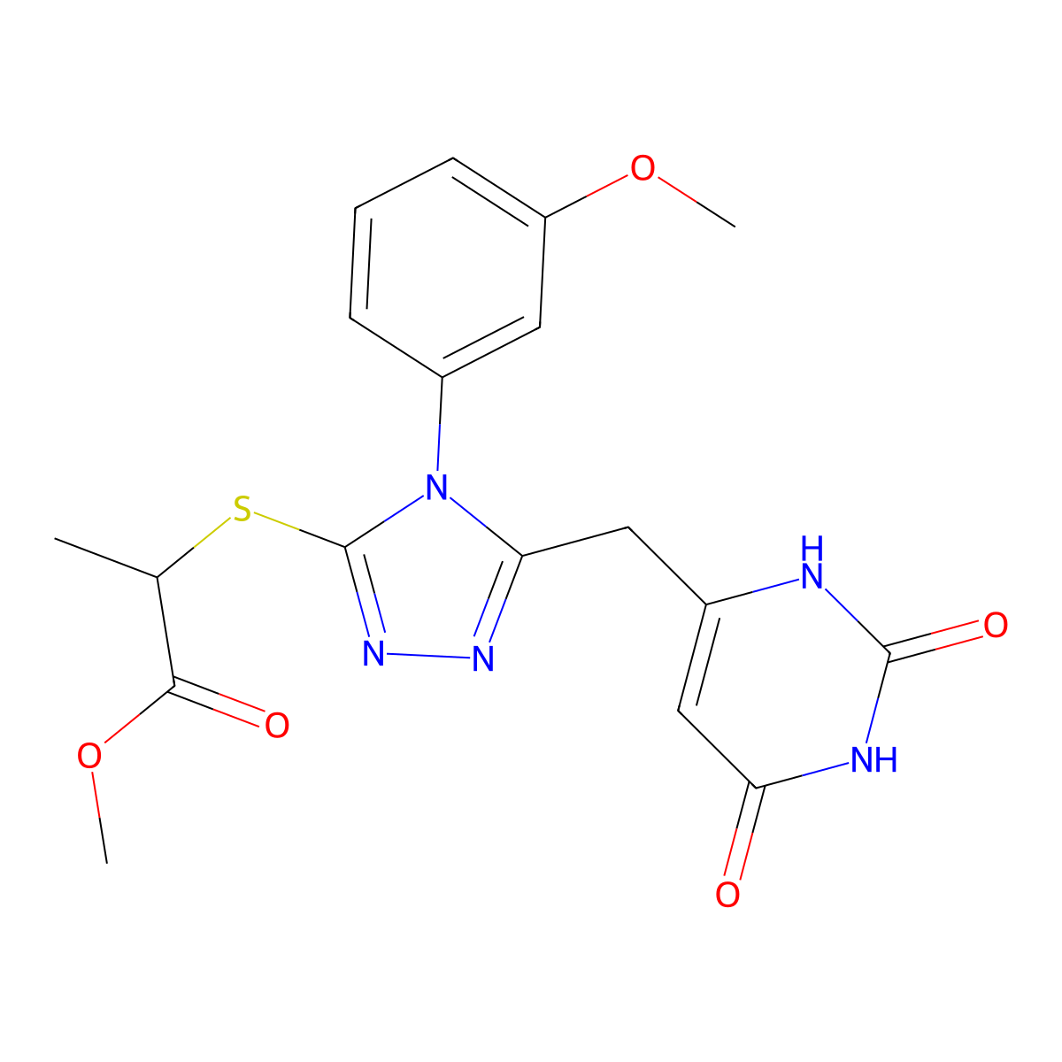 methyl 2-[[5-[(2,4-dioxo-1H-pyrimidin-6-yl)methyl]-4-(3-methoxyphenyl)-1,2,4-triazol-3-yl]sulfanyl]propanoate molecular structure, CAS 852152-71-7