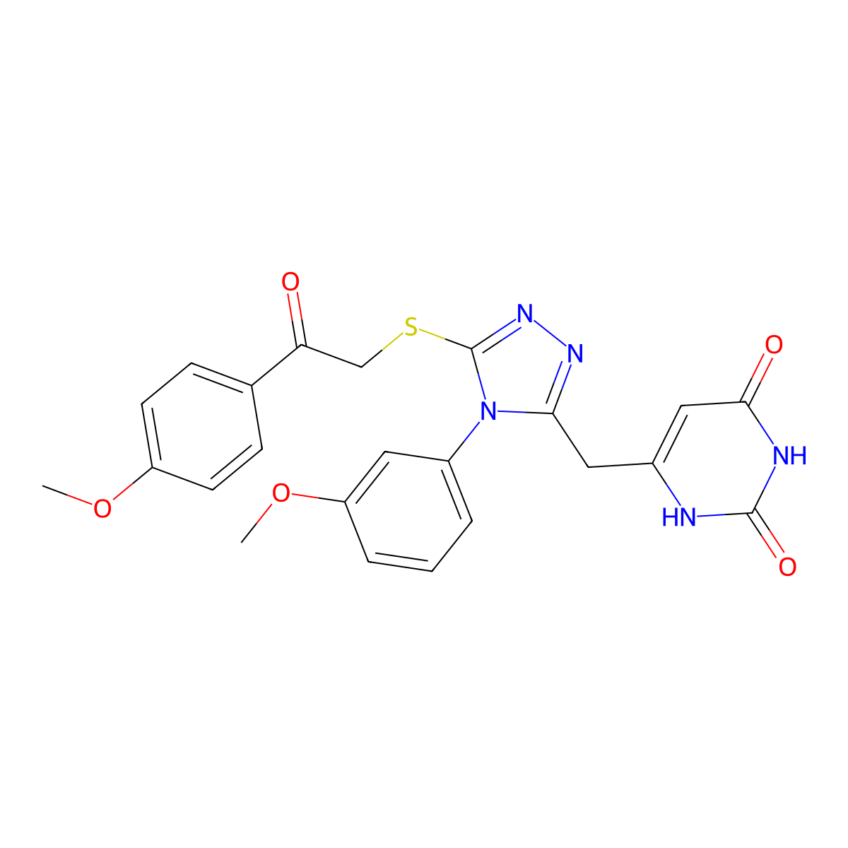 6-((4-(3-methoxyphenyl)-5-((2-(4-methoxyphenyl)-2-oxoethyl)thio)-4H-1,2,4-triazol-3-yl)methyl)pyrimidine-2,4(1H,3H)-dione molecular structure, CAS 852152-74-0