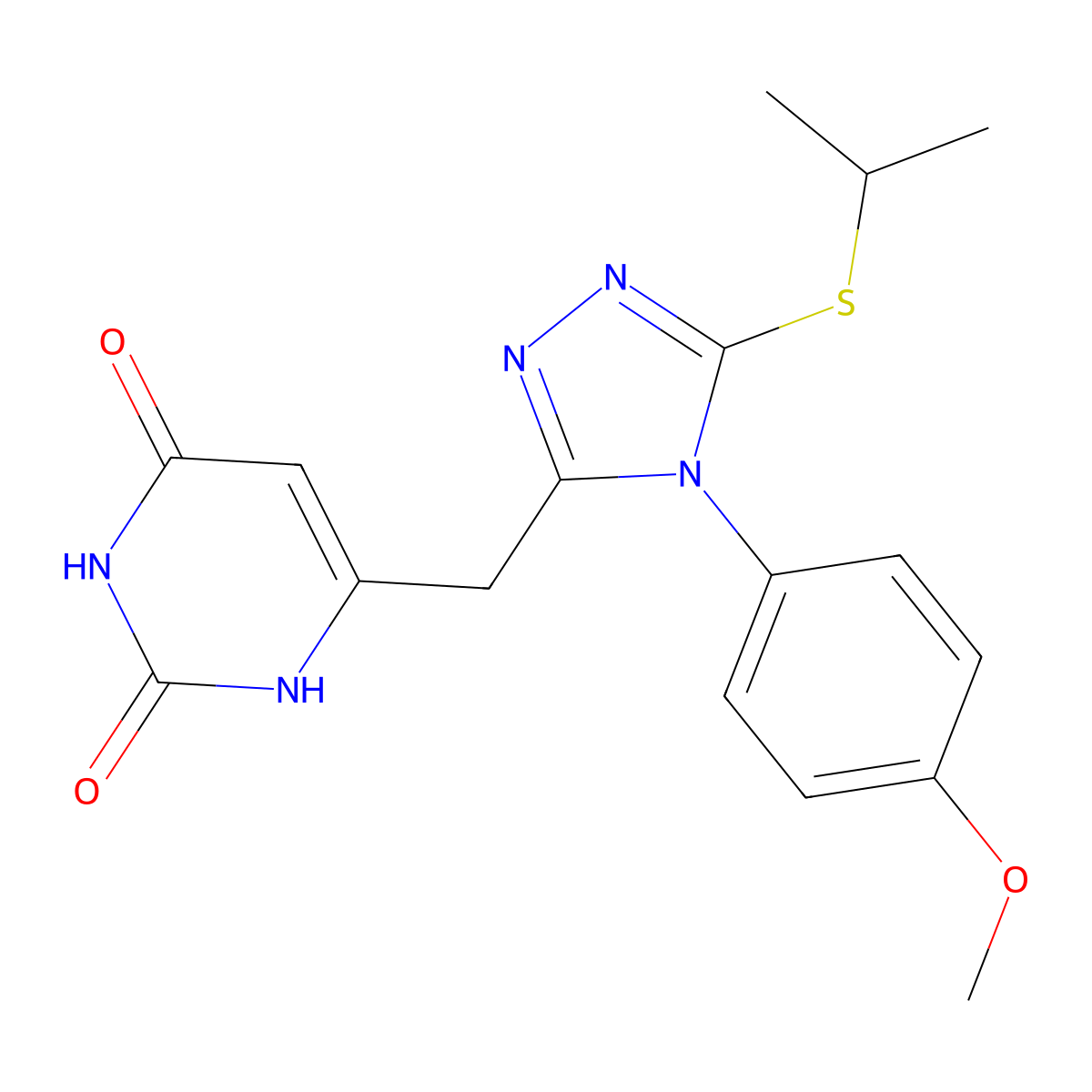 6-((5-(isopropylthio)-4-(4-methoxyphenyl)-4H-1,2,4-triazol-3-yl)methyl)pyrimidine-2,4(1H,3H)-dione molecular structure, CAS 852152-77-3
