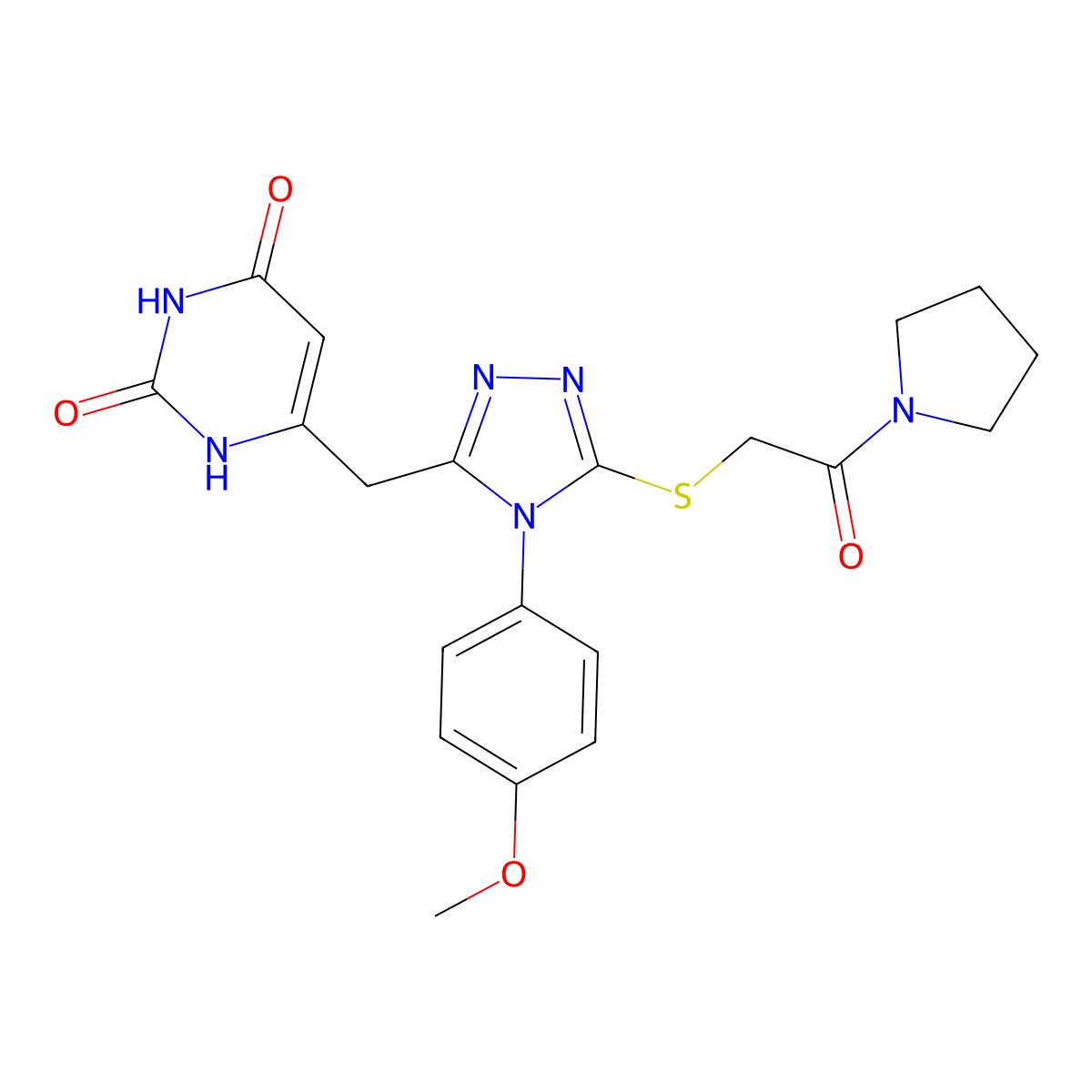 6-((4-(4-methoxyphenyl)-5-((2-oxo-2-(pyrrolidin-1-yl)ethyl)thio)-4H-1,2,4-triazol-3-yl)methyl)pyrimidine-2,4(1H,3H)-dione molecular structure, CAS 852152-80-8