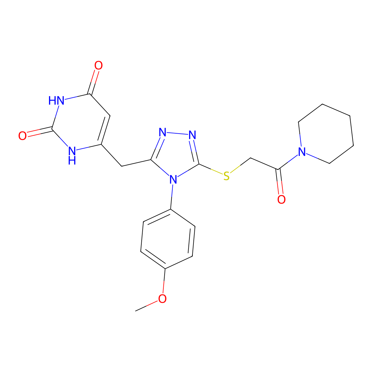 6-((4-(4-methoxyphenyl)-5-((2-oxo-2-(piperidin-1-yl)ethyl)thio)-4H-1,2,4-triazol-3-yl)methyl)pyrimidine-2,4(1H,3H)-dione molecular structure, CAS 852152-81-9