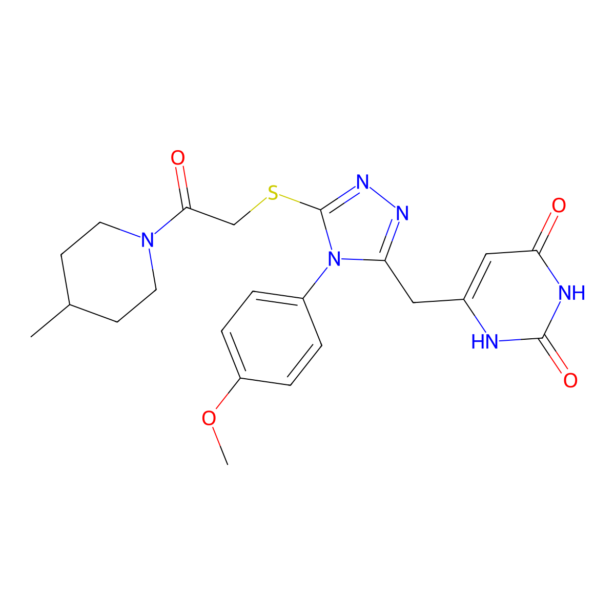 6-((4-(4-methoxyphenyl)-5-((2-(4-methylpiperidin-1-yl)-2-oxoethyl)thio)-4H-1,2,4-triazol-3-yl)methyl)pyrimidine-2,4(1H,3H)-dione molecular structure, CAS 852152-84-2
