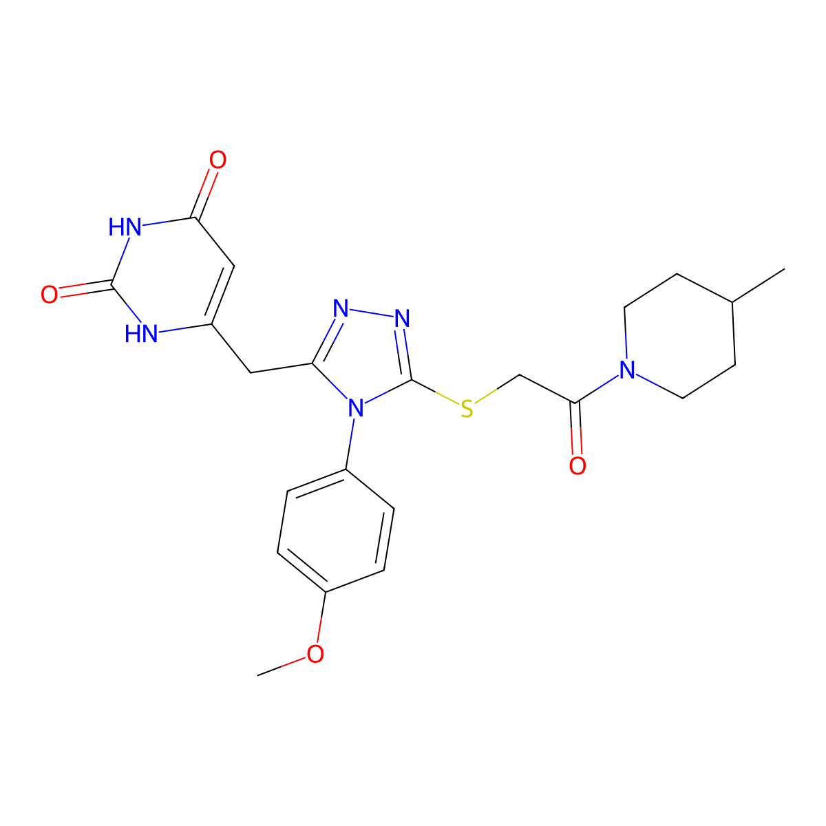 6-((4-(4-methoxyphenyl)-5-((2-(4-methylpiperidin-1-yl)-2-oxoethyl)thio)-4H-1,2,4-triazol-3-yl)methyl)pyrimidine-2,4(1H,3H)-dione molecular structure, CAS 852152-84-2