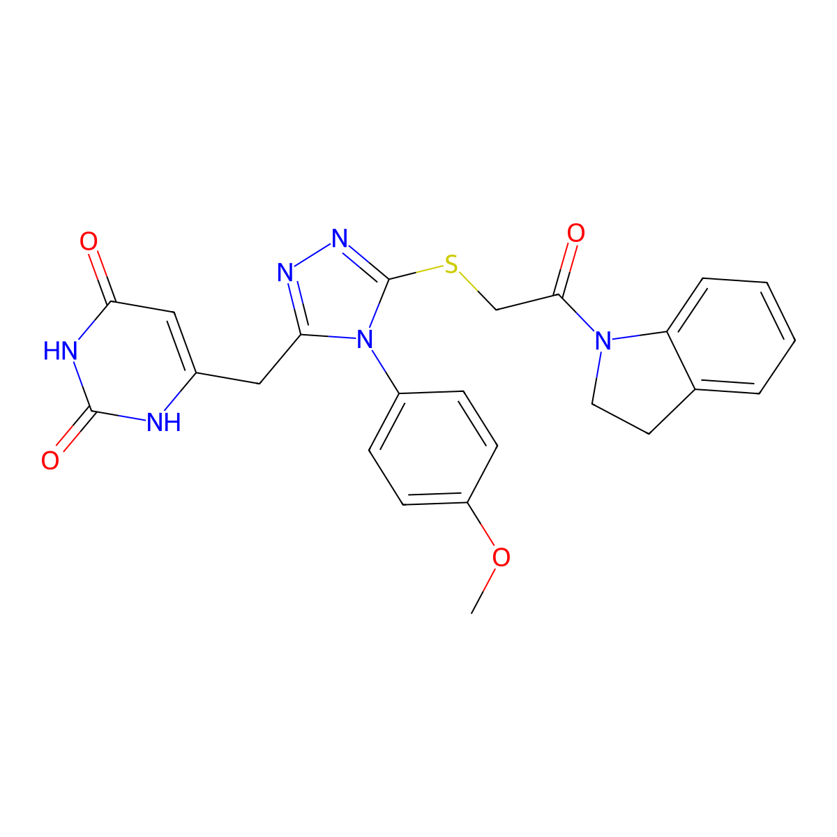6-((5-((2-(indolin-1-yl)-2-oxoethyl)thio)-4-(4-methoxyphenyl)-4H-1,2,4-triazol-3-yl)methyl)pyrimidine-2,4(1H,3H)-dione molecular structure, CAS 852152-85-3