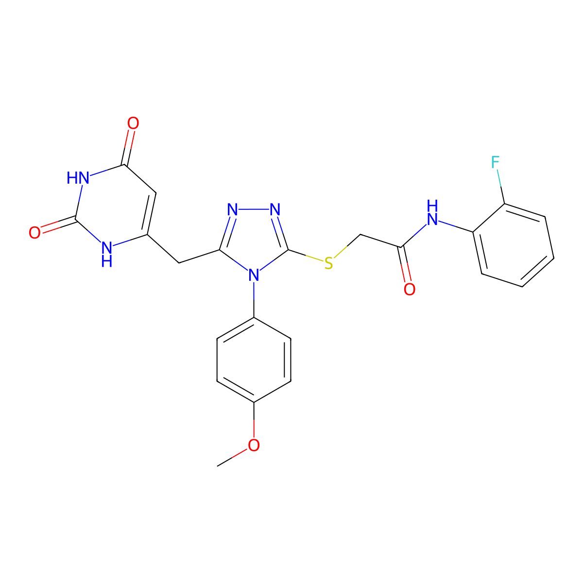 2-[[5-[(2,4-dioxo-1H-pyrimidin-6-yl)methyl]-4-(4-methoxyphenyl)-1,2,4-triazol-3-yl]sulfanyl]-N-(2-fluorophenyl)acetamide molecular structure, CAS 852152-95-5
