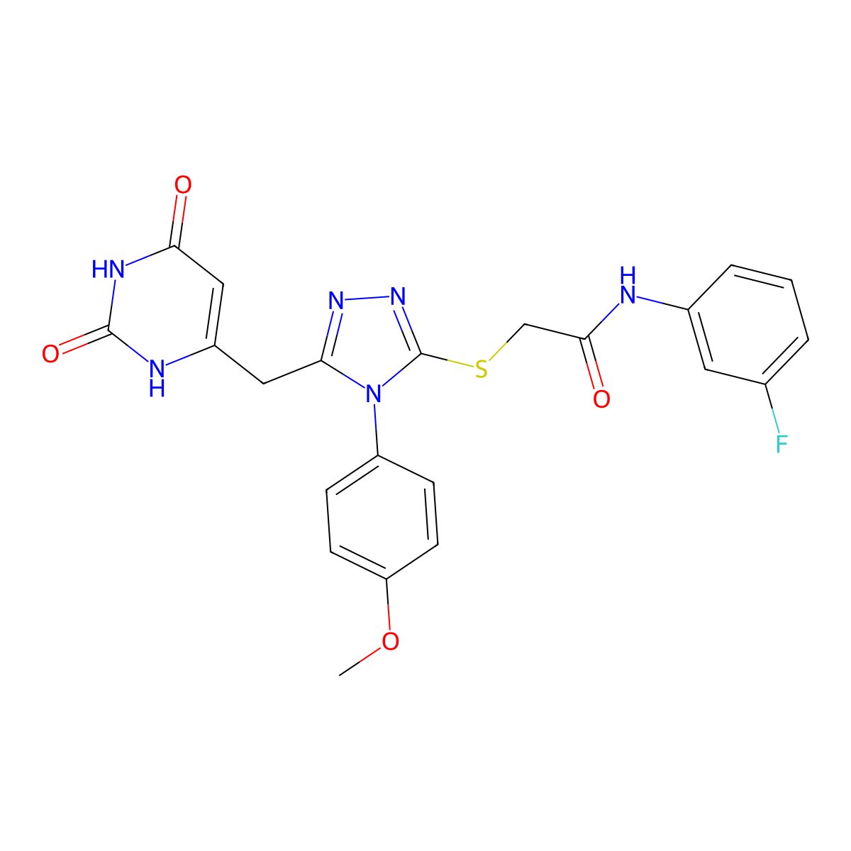 2-((5-((2,6-dioxo-1,2,3,6-tetrahydropyrimidin-4-yl)methyl)-4-(4-methoxyphenyl)-4H-1,2,4-triazol-3-yl)thio)-N-(3-fluorophenyl)acetamide molecular structure, CAS 852152-96-6