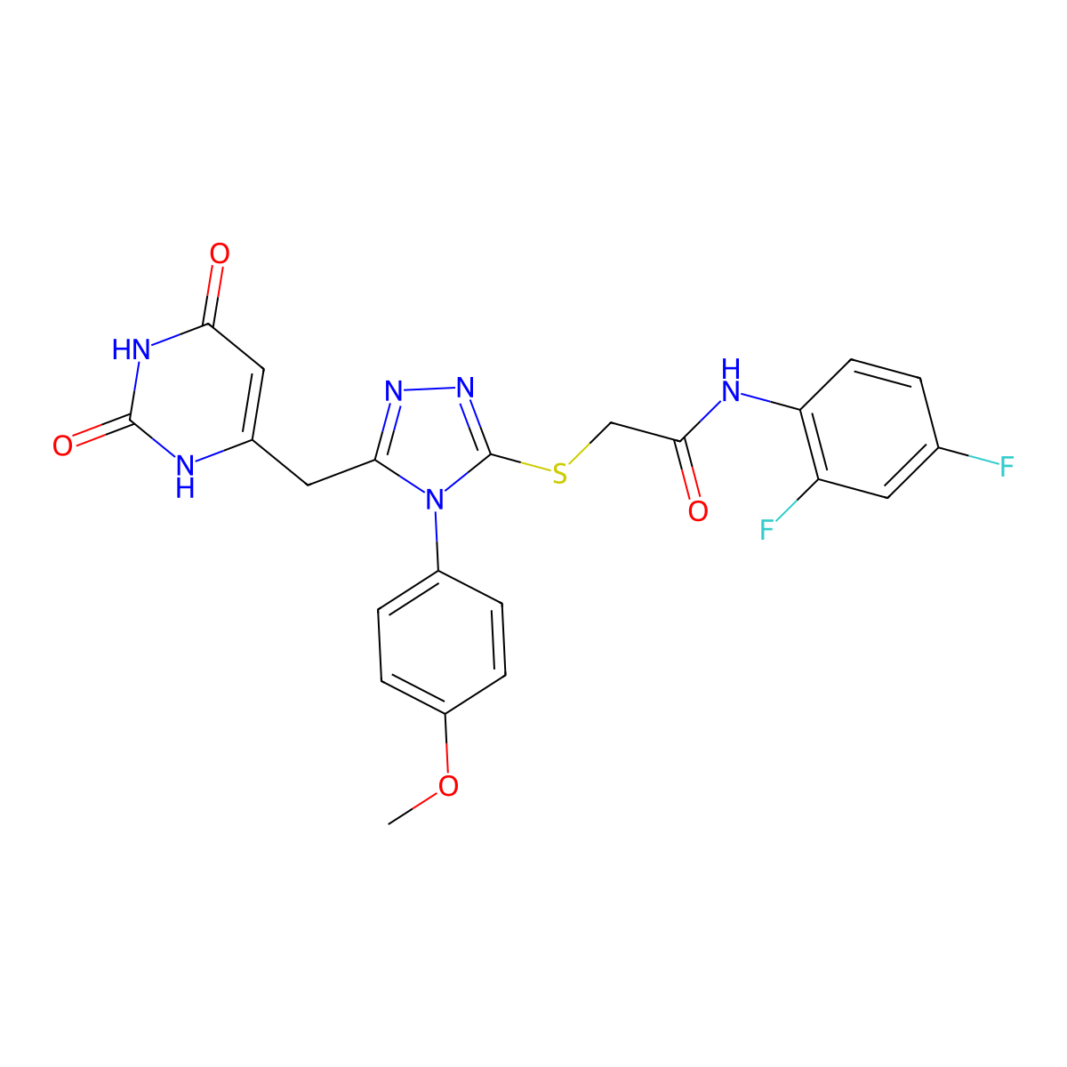 N-(2,4-difluorophenyl)-2-((5-((2,6-dioxo-1,2,3,6-tetrahydropyrimidin-4-yl)methyl)-4-(4-methoxyphenyl)-4H-1,2,4-triazol-3-yl)thio)acetamide molecular structure, CAS 852153-00-5