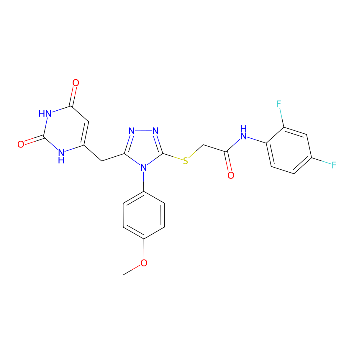 N-(2,4-difluorophenyl)-2-((5-((2,6-dioxo-1,2,3,6-tetrahydropyrimidin-4-yl)methyl)-4-(4-methoxyphenyl)-4H-1,2,4-triazol-3-yl)thio)acetamide molecular structure, CAS 852153-00-5
