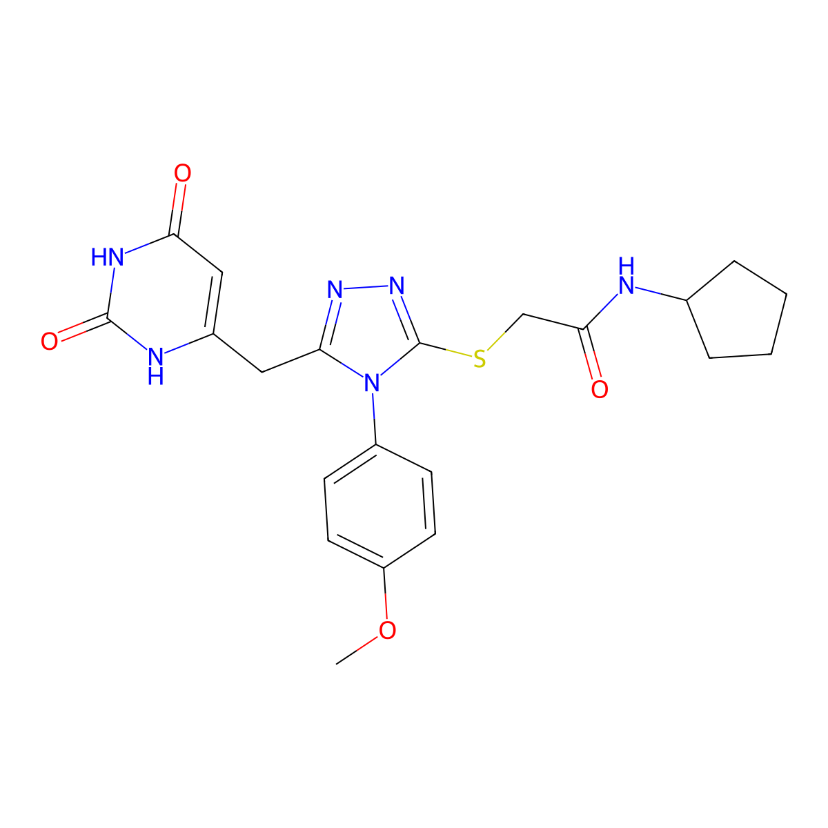 N-cyclopentyl-2-((5-((2,6-dioxo-1,2,3,6-tetrahydropyrimidin-4-yl)methyl)-4-(4-methoxyphenyl)-4H-1,2,4-triazol-3-yl)thio)acetamide molecular structure, CAS 852153-04-9