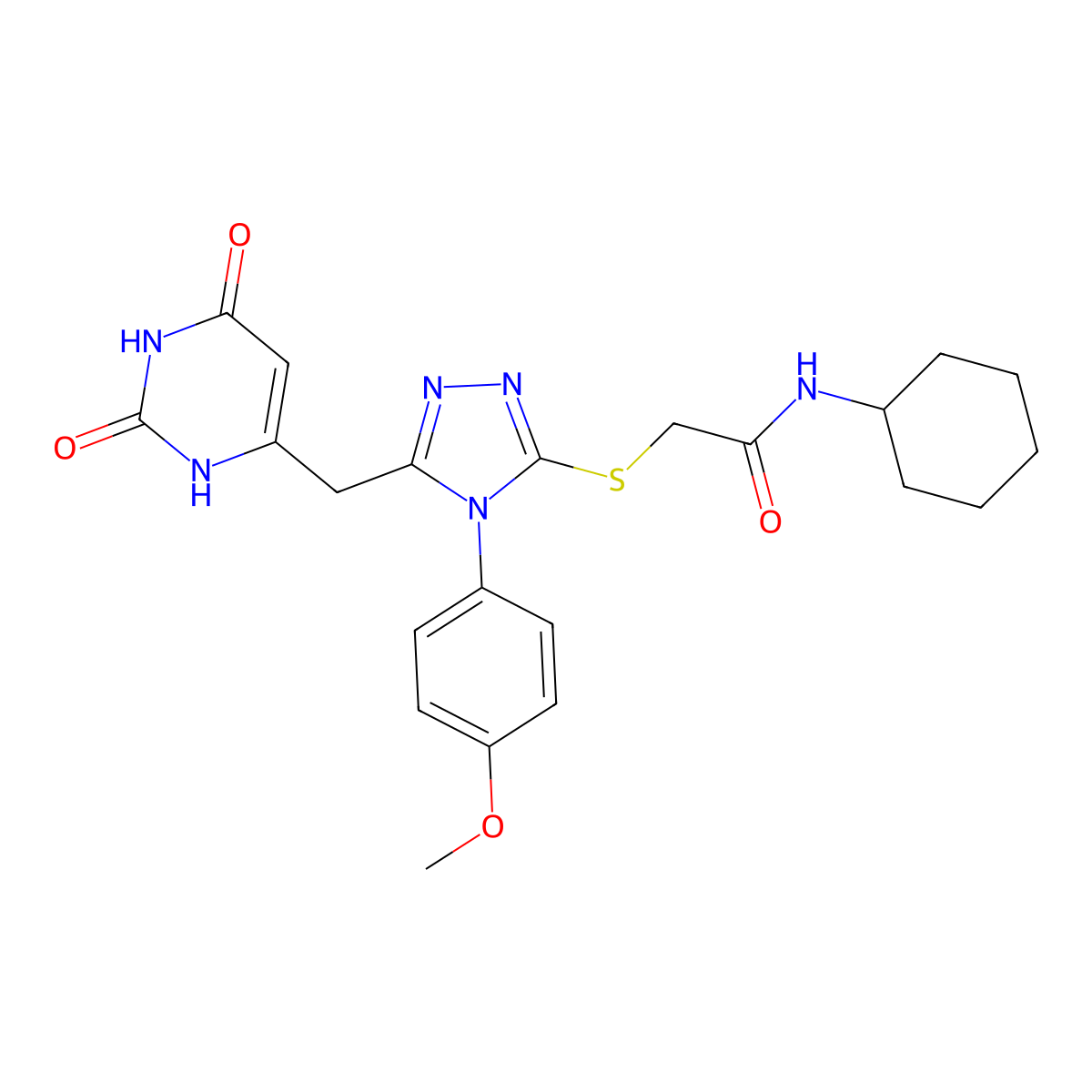 N-cyclohexyl-2-((5-((2,6-dioxo-1,2,3,6-tetrahydropyrimidin-4-yl)methyl)-4-(4-methoxyphenyl)-4H-1,2,4-triazol-3-yl)thio)acetamide molecular structure, CAS 852153-05-0
