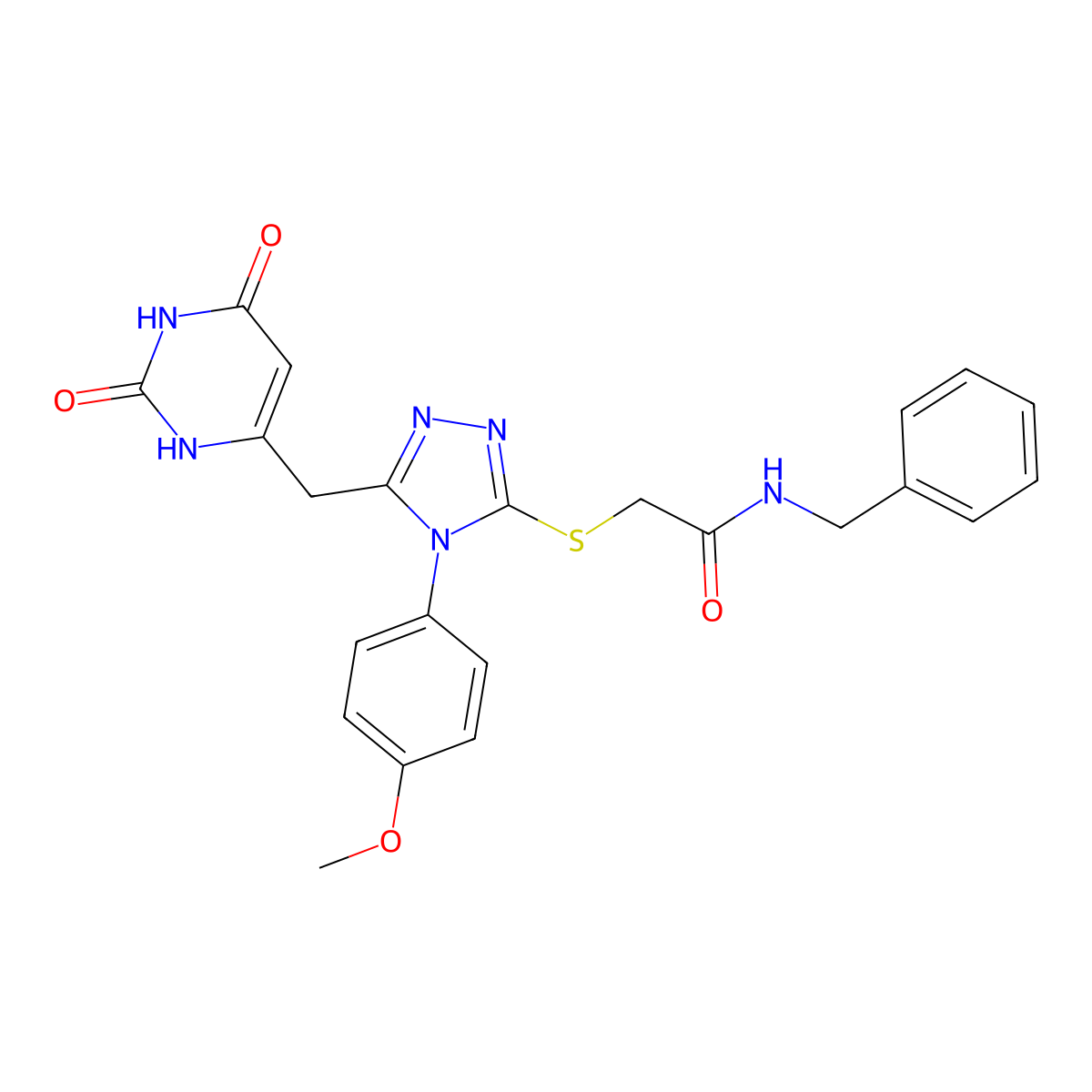 N-benzyl-2-[[5-[(2,4-dioxo-1H-pyrimidin-6-yl)methyl]-4-(4-methoxyphenyl)-1,2,4-triazol-3-yl]sulfanyl]acetamide molecular structure, CAS 852153-06-1