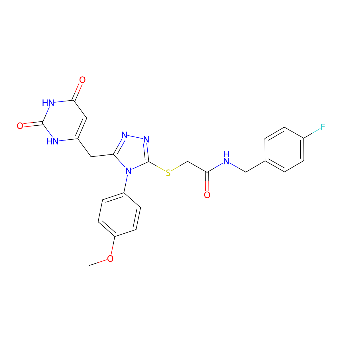 2-((5-((2,6-dioxo-1,2,3,6-tetrahydropyrimidin-4-yl)methyl)-4-(4-methoxyphenyl)-4H-1,2,4-triazol-3-yl)thio)-N-(4-fluorobenzyl)acetamide molecular structure, CAS 852153-07-2