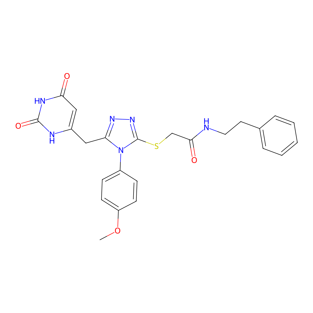 2-((5-((2,6-dioxo-1,2,3,6-tetrahydropyrimidin-4-yl)methyl)-4-(4-methoxyphenyl)-4H-1,2,4-triazol-3-yl)thio)-N-phenethylacetamide molecular structure, CAS 852153-08-3
