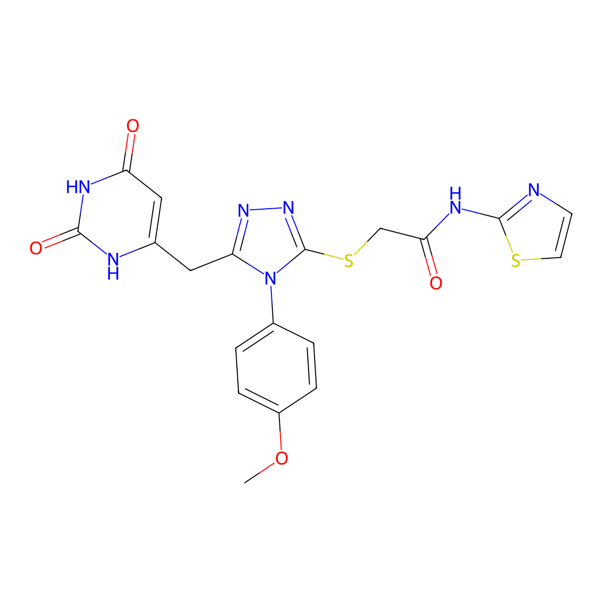 2-[[5-[(2,4-dioxo-1H-pyrimidin-6-yl)methyl]-4-(4-methoxyphenyl)-1,2,4-triazol-3-yl]sulfanyl]-N-(1,3-thiazol-2-yl)acetamide molecular structure, CAS 852153-09-4