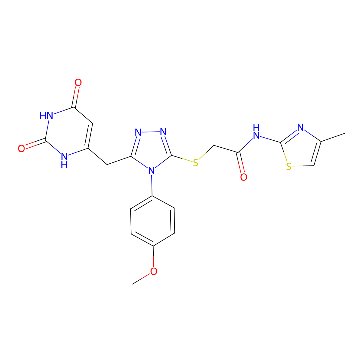 2-((5-((2,6-dioxo-1,2,3,6-tetrahydropyrimidin-4-yl)methyl)-4-(4-methoxyphenyl)-4H-1,2,4-triazol-3-yl)thio)-N-(4-methylthiazol-2-yl)acetamide molecular structure, CAS 852153-10-7