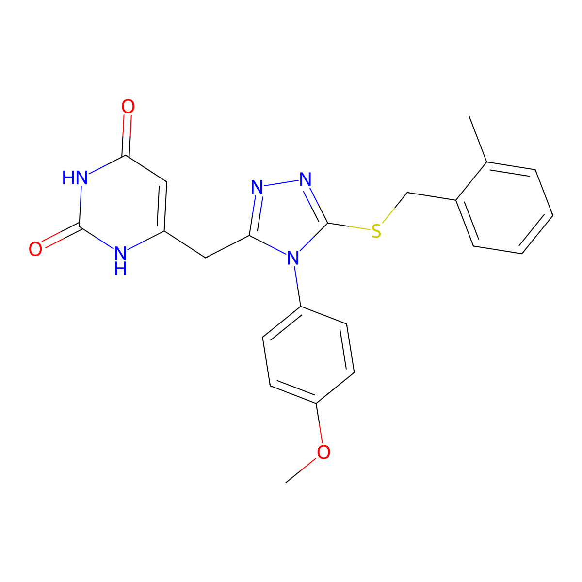 6-((4-(4-methoxyphenyl)-5-((2-methylbenzyl)thio)-4H-1,2,4-triazol-3-yl)methyl)pyrimidine-2,4(1H,3H)-dione molecular structure, CAS 852153-18-5