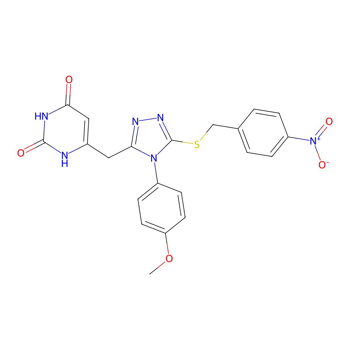 6-((4-(4-methoxyphenyl)-5-((4-nitrobenzyl)thio)-4H-1,2,4-triazol-3-yl)methyl)pyrimidine-2,4(1H,3H)-dione molecular structure, CAS 852153-20-9
