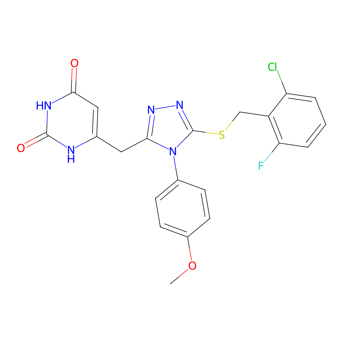 6-((5-((2-chloro-6-fluorobenzyl)thio)-4-(4-methoxyphenyl)-4H-1,2,4-triazol-3-yl)methyl)pyrimidine-2,4(1H,3H)-dione molecular structure, CAS 852153-21-0