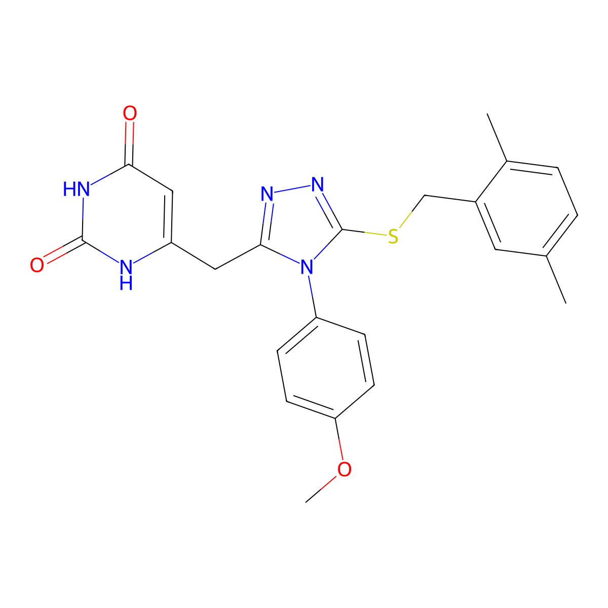 6-[[5-[(2,5-dimethylphenyl)methylsulfanyl]-4-(4-methoxyphenyl)-1,2,4-triazol-3-yl]methyl]-1H-pyrimidine-2,4-dione molecular structure, CAS 852153-24-3