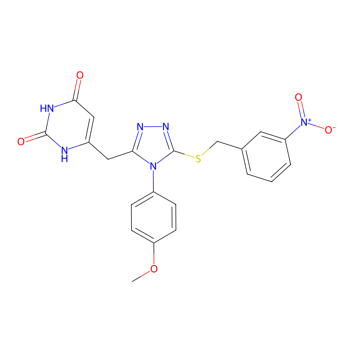 6-((4-(4-methoxyphenyl)-5-((3-nitrobenzyl)thio)-4H-1,2,4-triazol-3-yl)methyl)pyrimidine-2,4(1H,3H)-dione molecular structure, CAS 852153-29-8