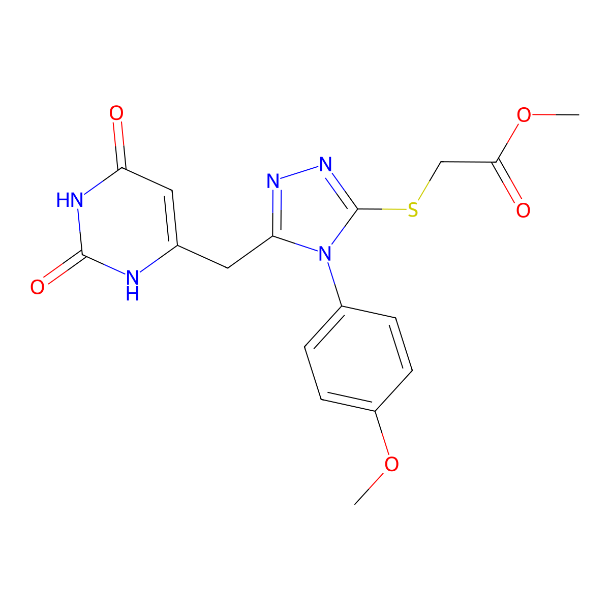methyl 2-((5-((2,6-dioxo-1,2,3,6-tetrahydropyrimidin-4-yl)methyl)-4-(4-methoxyphenyl)-4H-1,2,4-triazol-3-yl)thio)acetate molecular structure, CAS 852153-30-1