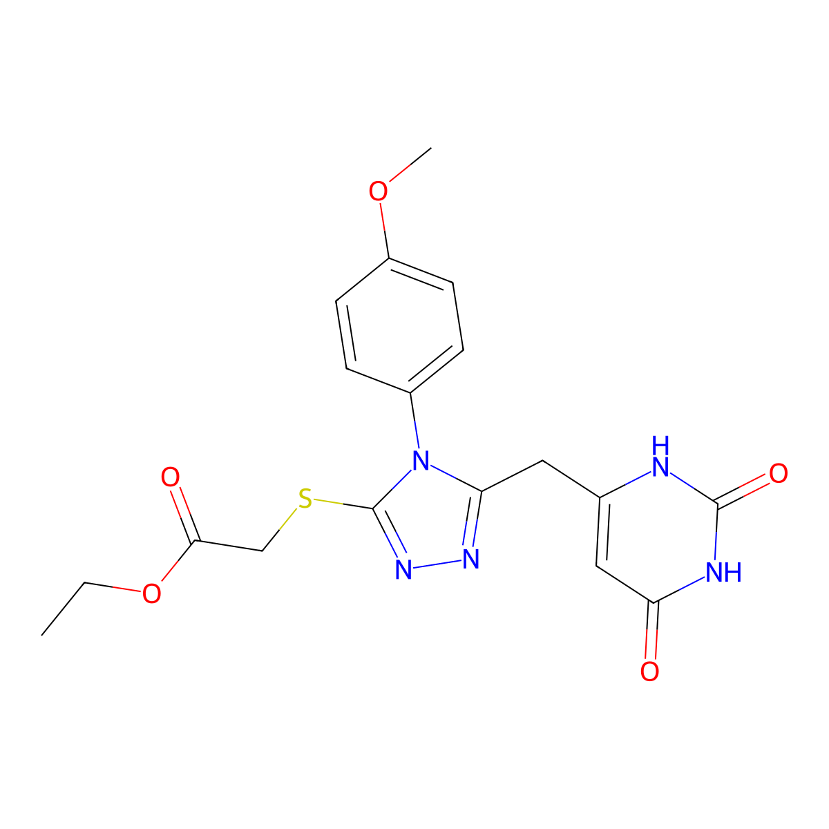 ethyl 2-[[5-[(2,4-dioxo-1H-pyrimidin-6-yl)methyl]-4-(4-methoxyphenyl)-1,2,4-triazol-3-yl]sulfanyl]acetate molecular structure, CAS 852153-31-2