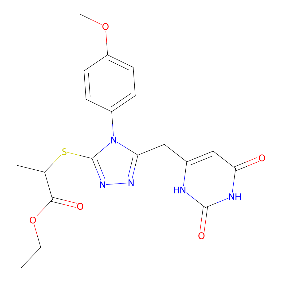 ethyl 2-((5-((2,6-dioxo-1,2,3,6-tetrahydropyrimidin-4-yl)methyl)-4-(4-methoxyphenyl)-4H-1,2,4-triazol-3-yl)thio)propanoate molecular structure, CAS 852153-32-3