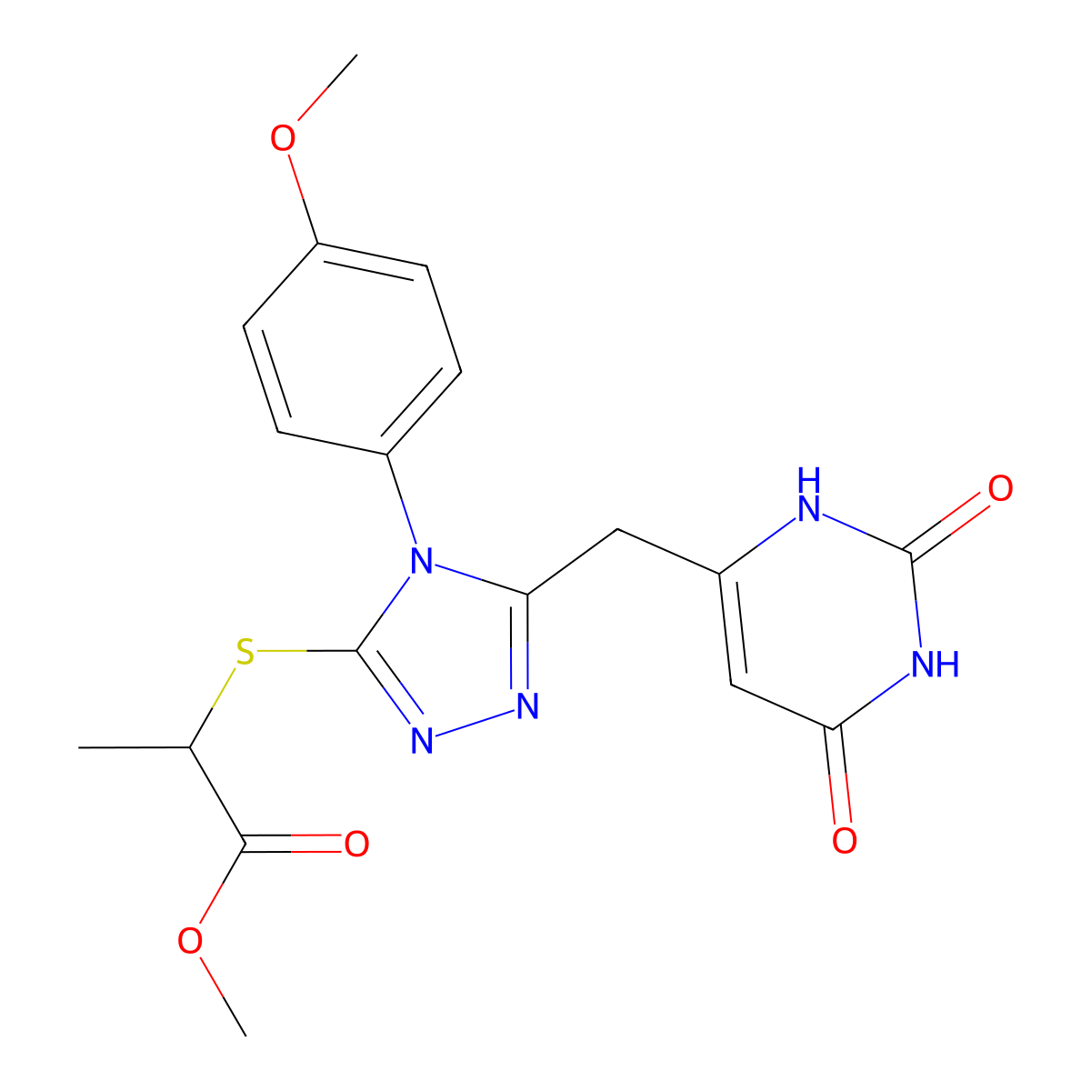 methyl 2-((5-((2,6-dioxo-1,2,3,6-tetrahydropyrimidin-4-yl)methyl)-4-(4-methoxyphenyl)-4H-1,2,4-triazol-3-yl)thio)propanoate molecular structure, CAS 852153-33-4