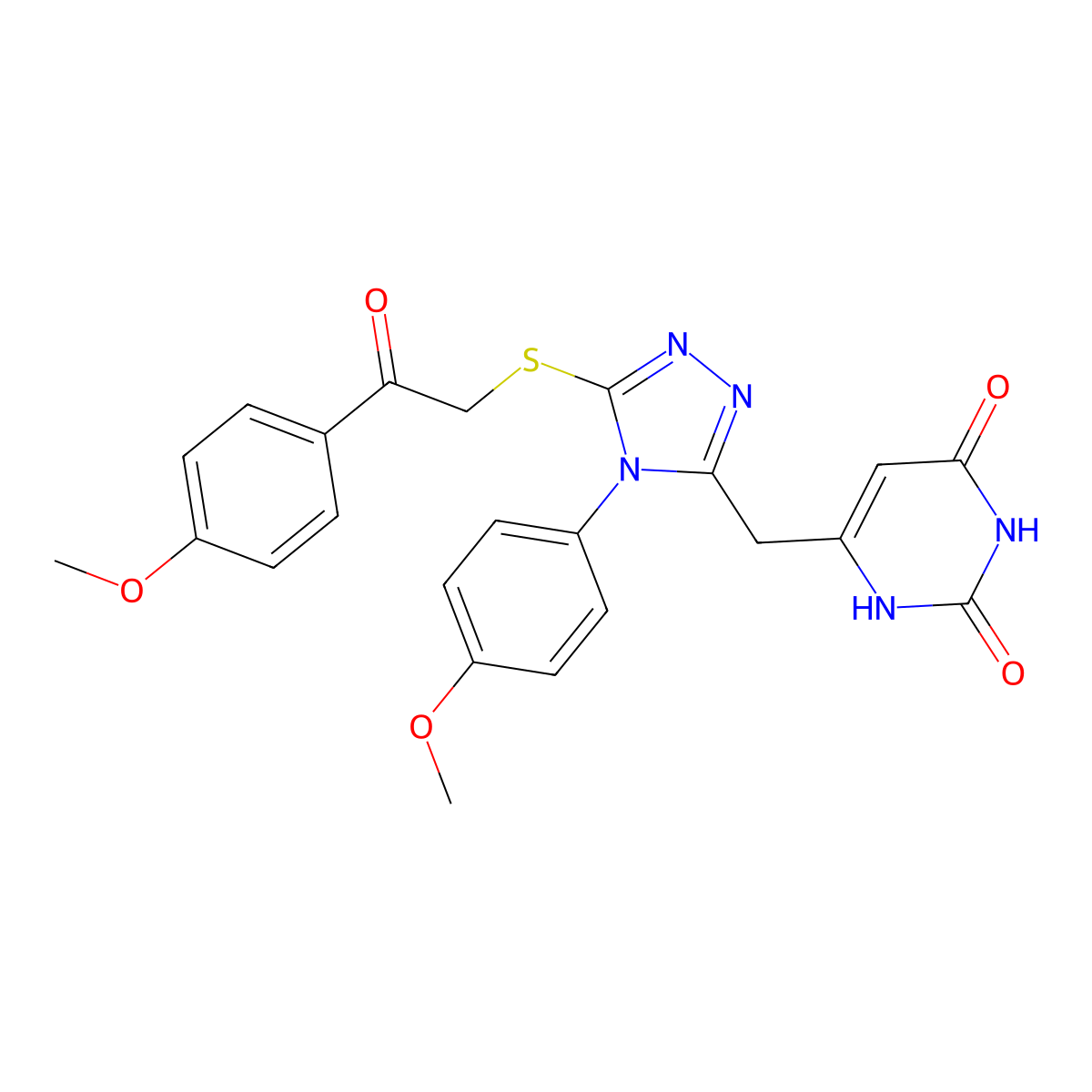 6-((4-(4-methoxyphenyl)-5-((2-(4-methoxyphenyl)-2-oxoethyl)thio)-4H-1,2,4-triazol-3-yl)methyl)pyrimidine-2,4(1H,3H)-dione molecular structure, CAS 852153-36-7