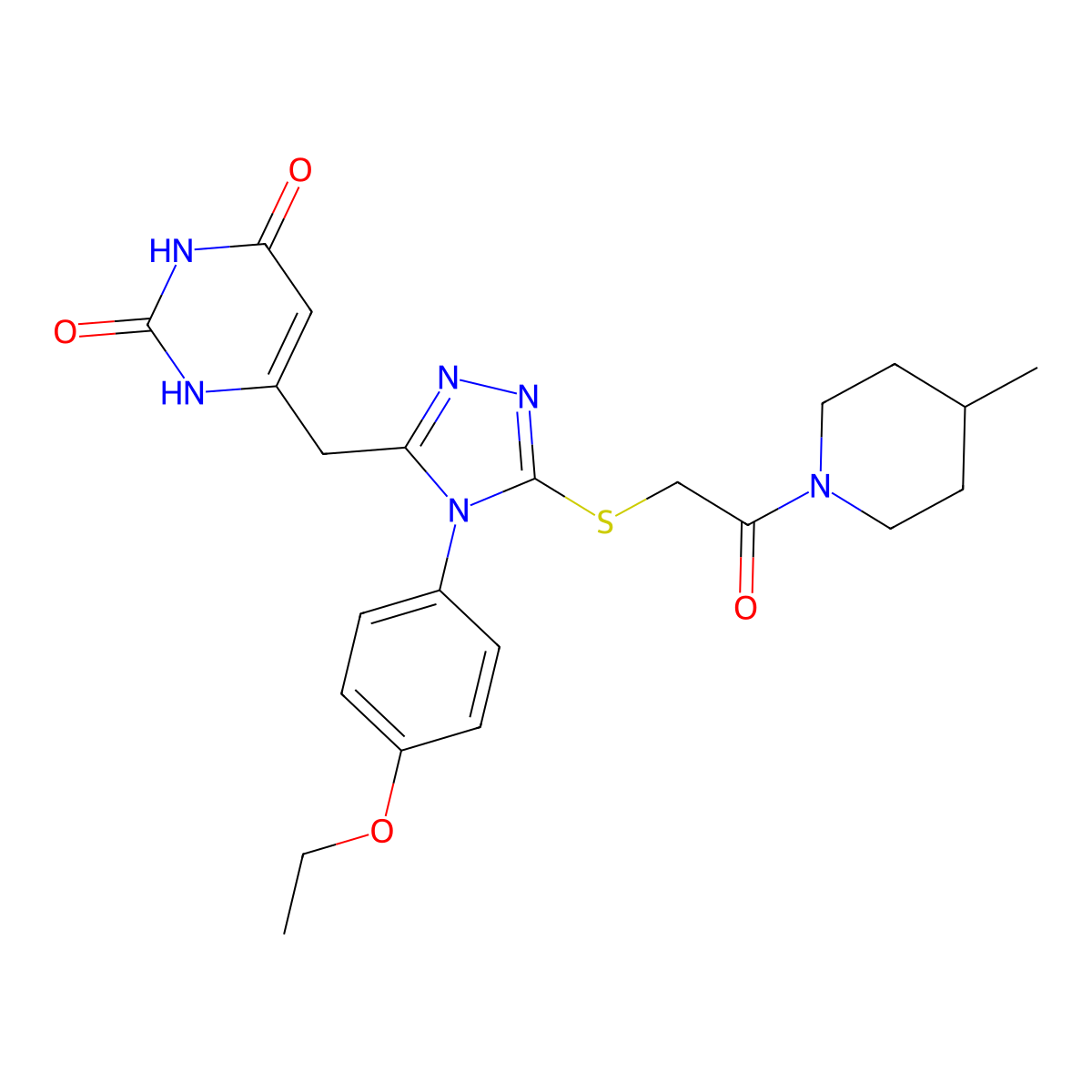6-[[4-(4-ethoxyphenyl)-5-[2-(4-methylpiperidin-1-yl)-2-oxoethyl]sulfanyl-1,2,4-triazol-3-yl]methyl]-1H-pyrimidine-2,4-dione molecular structure, CAS 852153-47-0