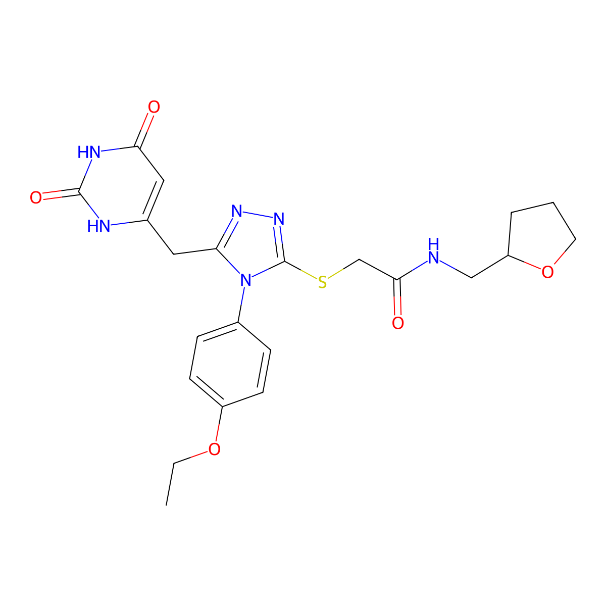 2-((5-((2,6-dioxo-1,2,3,6-tetrahydropyrimidin-4-yl)methyl)-4-(4-ethoxyphenyl)-4H-1,2,4-triazol-3-yl)thio)-N-((tetrahydrofuran-2-yl)methyl)acetamide molecular structure, CAS 852153-60-7