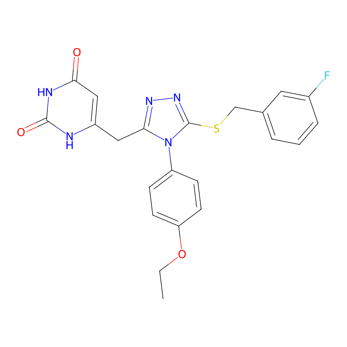 6-((4-(4-ethoxyphenyl)-5-((3-fluorobenzyl)thio)-4H-1,2,4-triazol-3-yl)methyl)pyrimidine-2,4(1H,3H)-dione molecular structure, CAS 852153-66-3