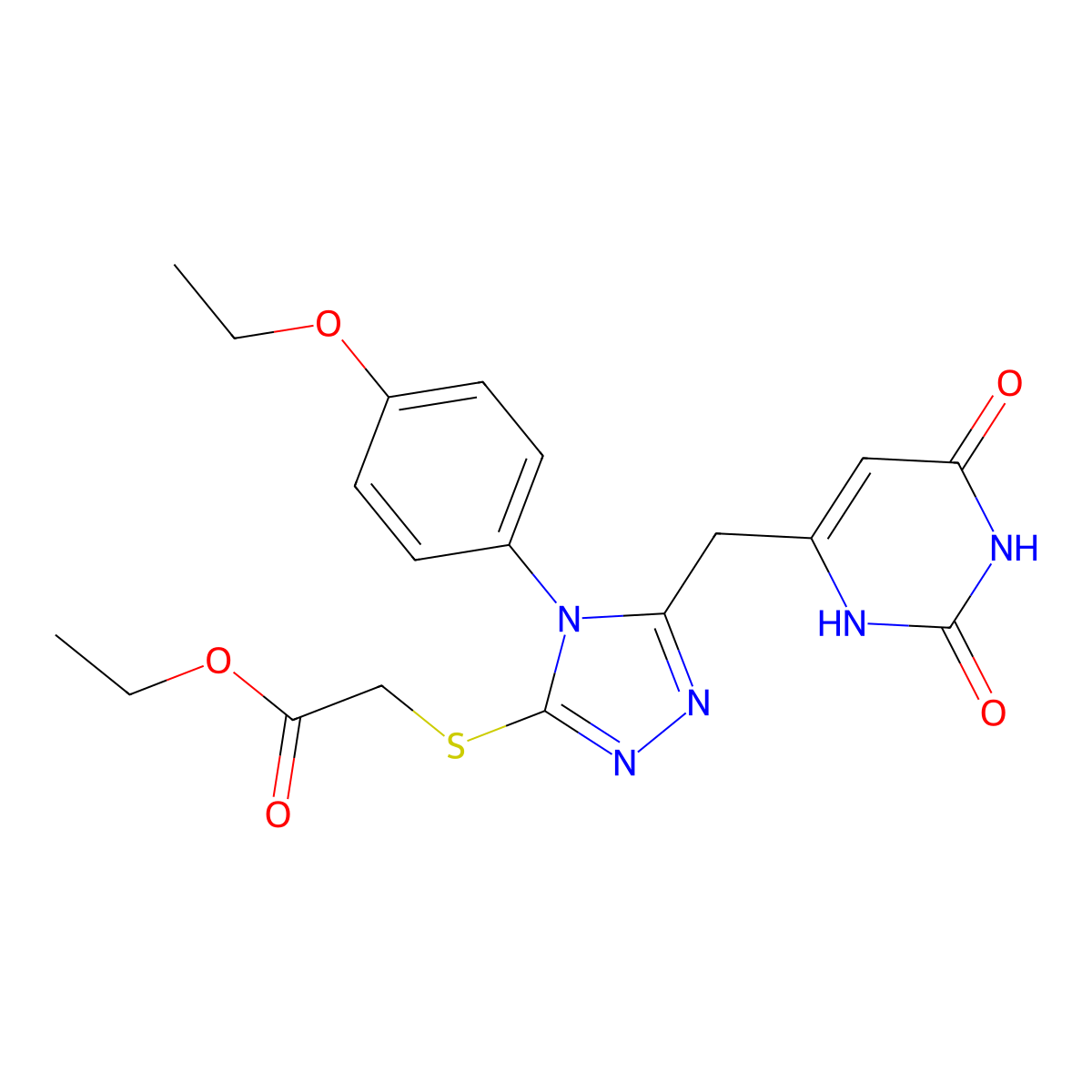 ethyl 2-[[5-[(2,4-dioxo-1H-pyrimidin-6-yl)methyl]-4-(4-ethoxyphenyl)-1,2,4-triazol-3-yl]sulfanyl]acetate molecular structure, CAS 852153-81-2