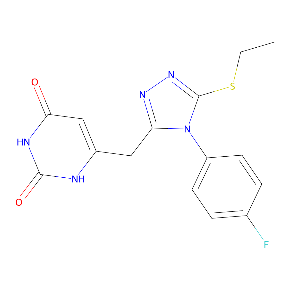 6-[[5-ethylsulfanyl-4-(4-fluorophenyl)-1,2,4-triazol-3-yl]methyl]-1H-pyrimidine-2,4-dione molecular structure, CAS 852153-88-9