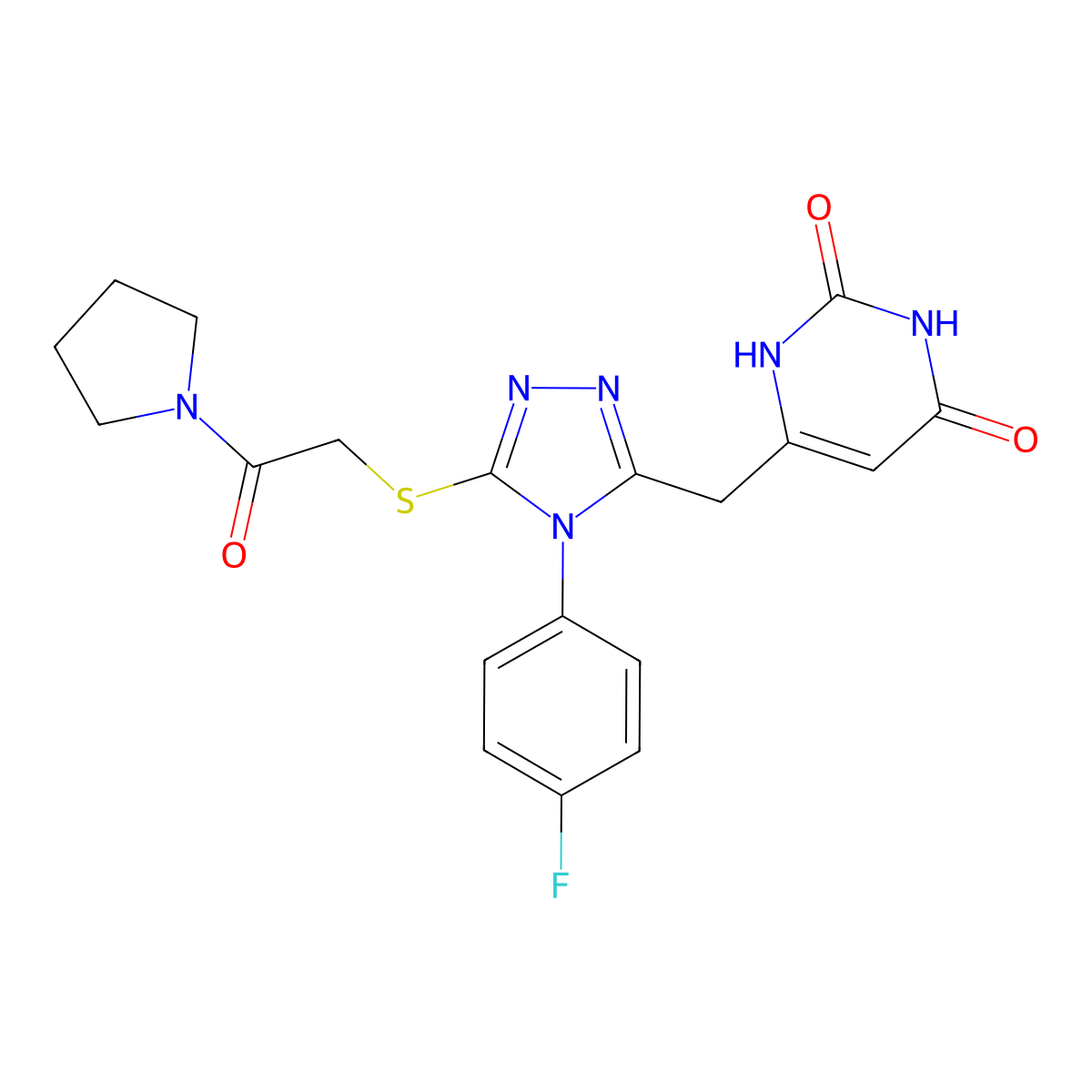 6-((4-(4-fluorophenyl)-5-((2-oxo-2-(pyrrolidin-1-yl)ethyl)thio)-4H-1,2,4-triazol-3-yl)methyl)pyrimidine-2,4(1H,3H)-dione molecular structure, CAS 852153-93-6