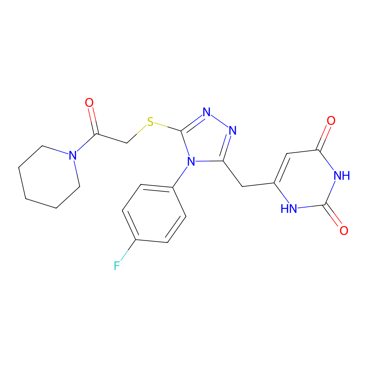 6-((4-(4-fluorophenyl)-5-((2-oxo-2-(piperidin-1-yl)ethyl)thio)-4H-1,2,4-triazol-3-yl)methyl)pyrimidine-2,4(1H,3H)-dione molecular structure, CAS 852153-94-7