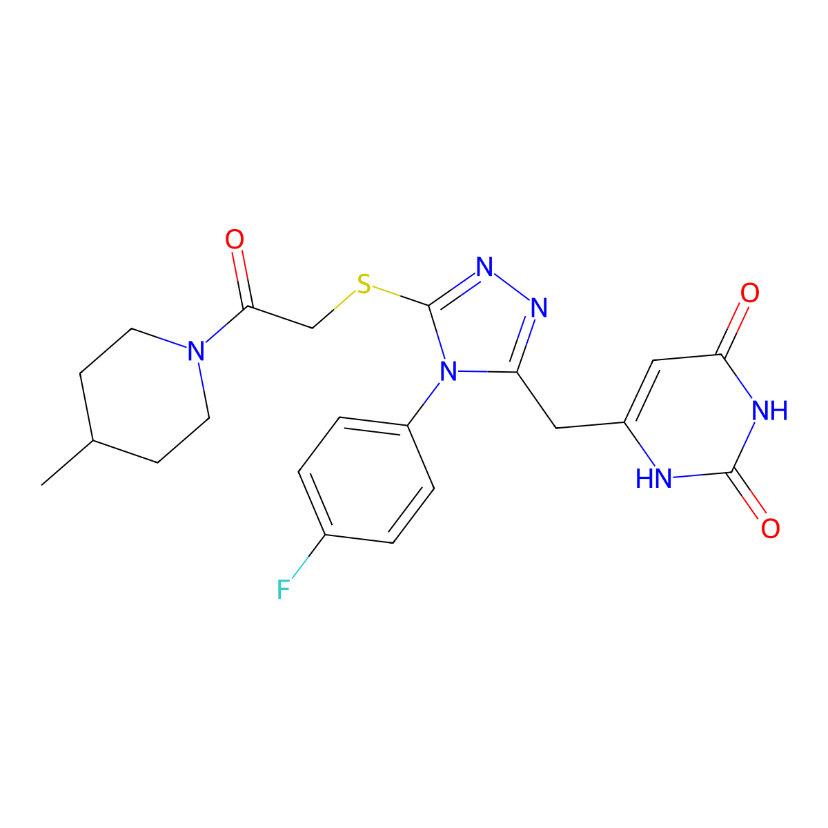 6-[[4-(4-fluorophenyl)-5-[2-(4-methylpiperidin-1-yl)-2-oxoethyl]sulfanyl-1,2,4-triazol-3-yl]methyl]-1H-pyrimidine-2,4-dione molecular structure, CAS 852153-97-0
