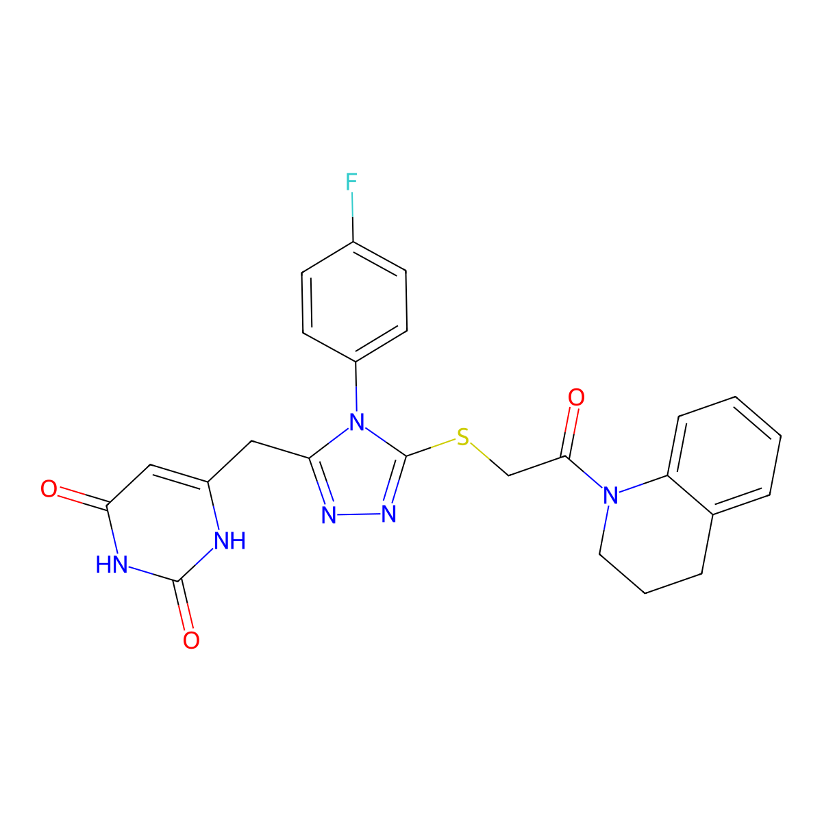 6-((5-((2-(3,4-dihydroquinolin-1(2H)-yl)-2-oxoethyl)thio)-4-(4-fluorophenyl)-4H-1,2,4-triazol-3-yl)methyl)pyrimidine-2,4(1H,3H)-dione molecular structure, CAS 852153-98-1