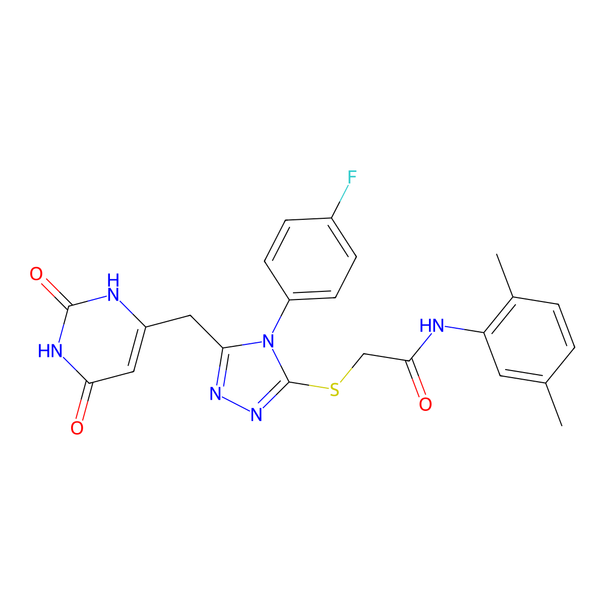 N-(2,5-dimethylphenyl)-2-[[5-[(2,4-dioxo-1H-pyrimidin-6-yl)methyl]-4-(4-fluorophenyl)-1,2,4-triazol-3-yl]sulfanyl]acetamide molecular structure, CAS 852154-06-4