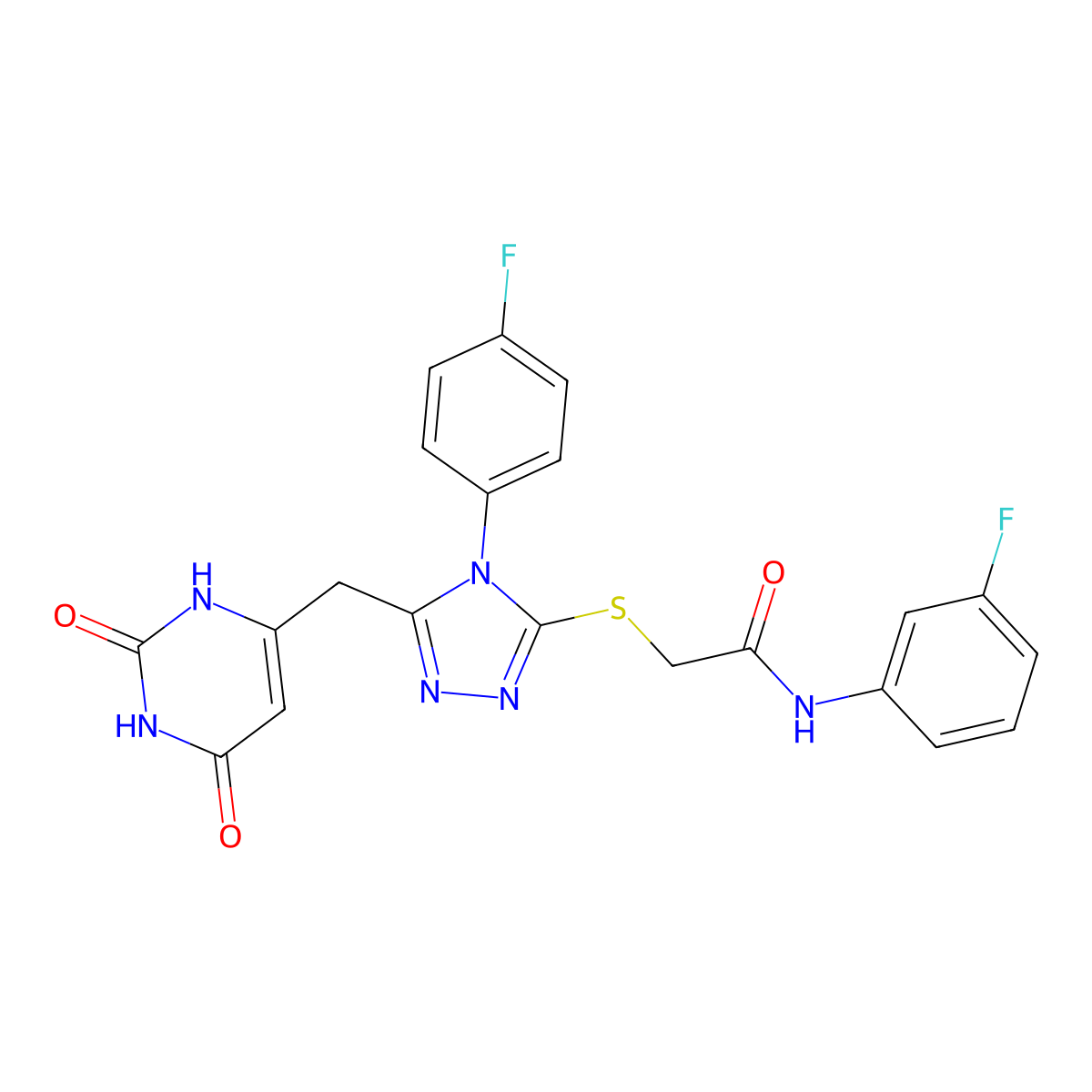2-((5-((2,6-dioxo-1,2,3,6-tetrahydropyrimidin-4-yl)methyl)-4-(4-fluorophenyl)-4H-1,2,4-triazol-3-yl)thio)-N-(3-fluorophenyl)acetamide molecular structure, CAS 852154-10-0