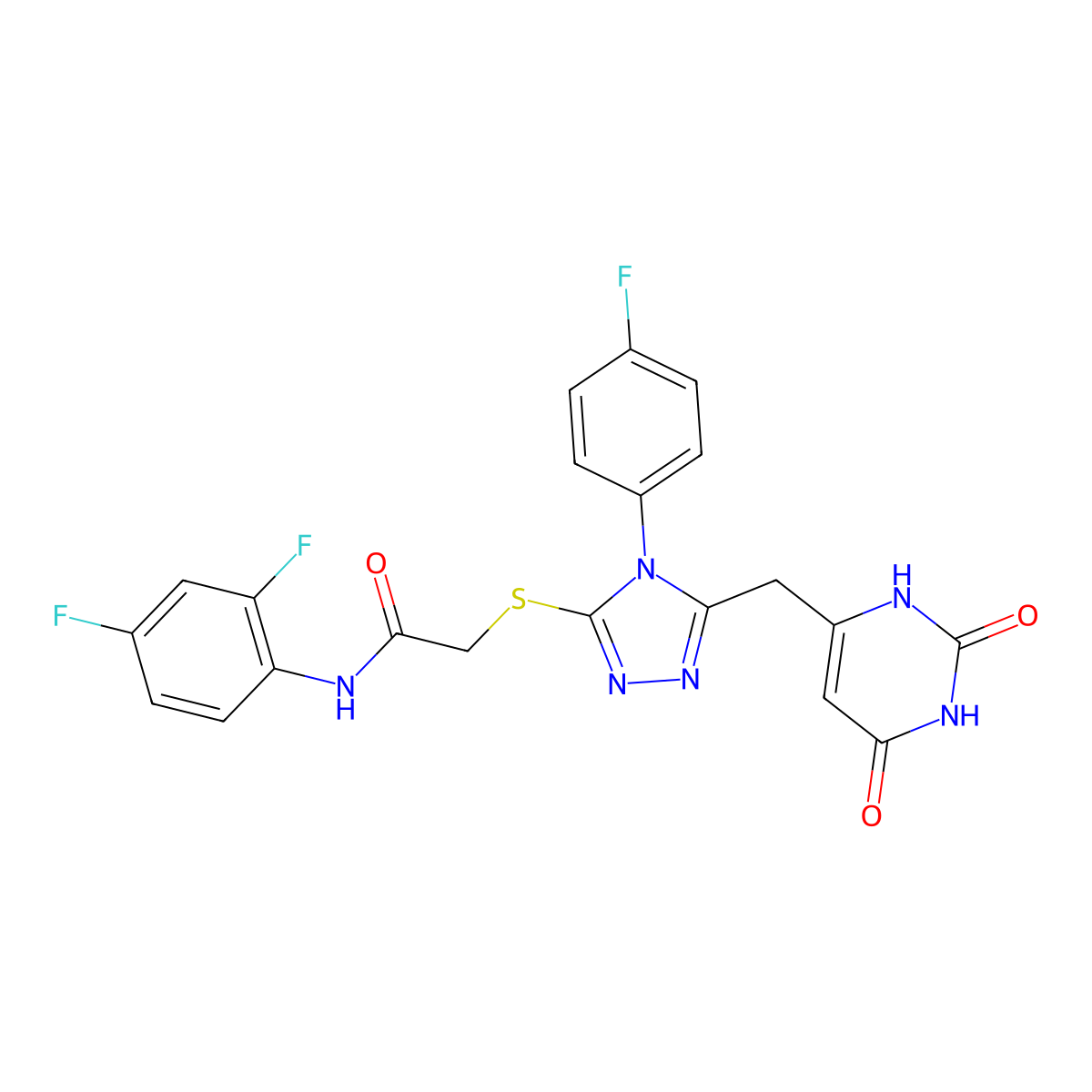 N-(2,4-difluorophenyl)-2-((5-((2,6-dioxo-1,2,3,6-tetrahydropyrimidin-4-yl)methyl)-4-(4-fluorophenyl)-4H-1,2,4-triazol-3-yl)thio)acetamide molecular structure, CAS 852154-14-4