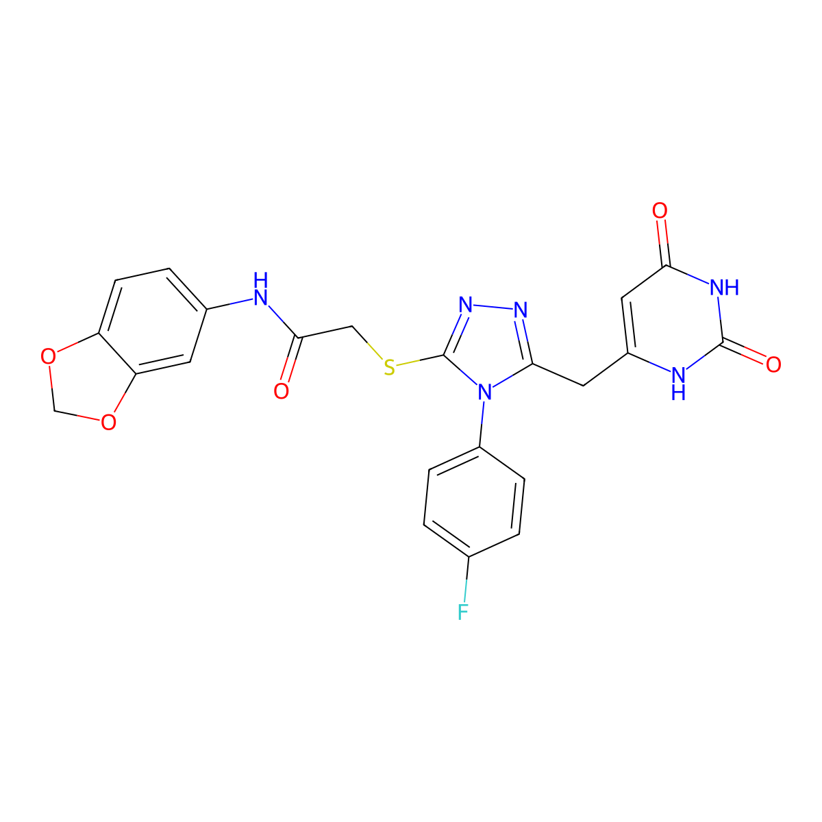 N-(1,3-benzodioxol-5-yl)-2-[[5-[(2,4-dioxo-1H-pyrimidin-6-yl)methyl]-4-(4-fluorophenyl)-1,2,4-triazol-3-yl]sulfanyl]acetamide molecular structure, CAS 852154-21-3