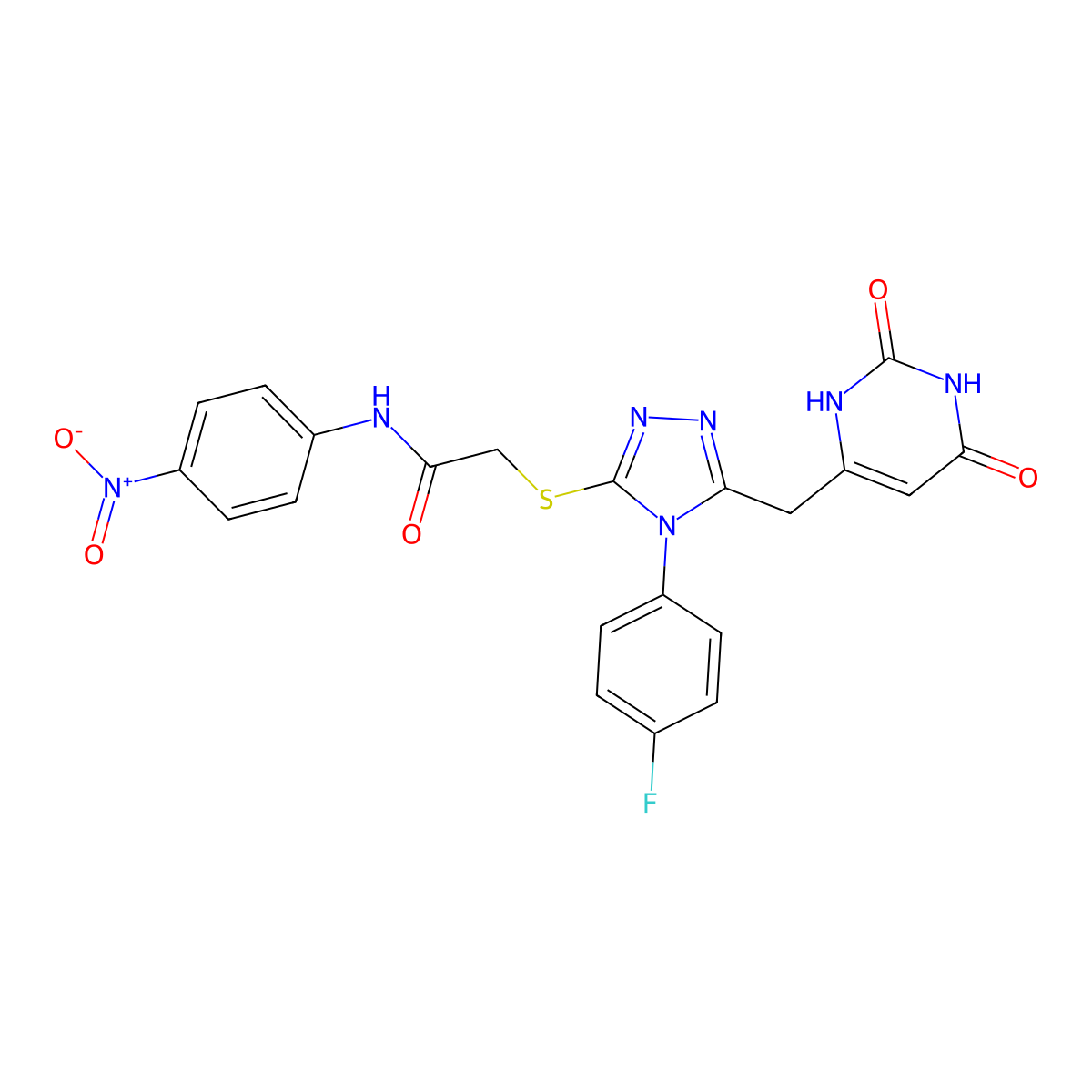 2-((5-((2,6-dioxo-1,2,3,6-tetrahydropyrimidin-4-yl)methyl)-4-(4-fluorophenyl)-4H-1,2,4-triazol-3-yl)thio)-N-(4-nitrophenyl)acetamide molecular structure, CAS 852154-23-5