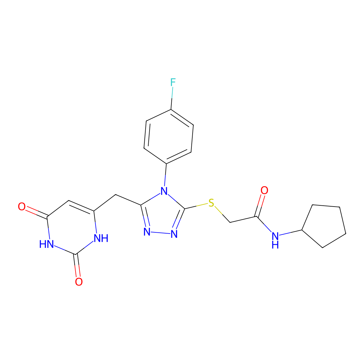 N-cyclopentyl-2-((5-((2,6-dioxo-1,2,3,6-tetrahydropyrimidin-4-yl)methyl)-4-(4-fluorophenyl)-4H-1,2,4-triazol-3-yl)thio)acetamide molecular structure, CAS 852154-24-6