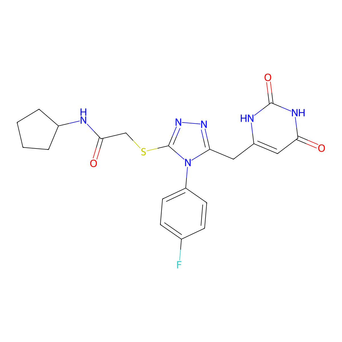 N-cyclopentyl-2-((5-((2,6-dioxo-1,2,3,6-tetrahydropyrimidin-4-yl)methyl)-4-(4-fluorophenyl)-4H-1,2,4-triazol-3-yl)thio)acetamide molecular structure, CAS 852154-24-6