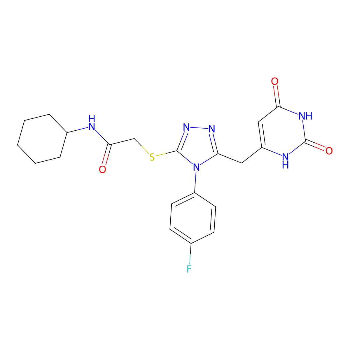 N-cyclohexyl-2-[[5-[(2,4-dioxo-1H-pyrimidin-6-yl)methyl]-4-(4-fluorophenyl)-1,2,4-triazol-3-yl]sulfanyl]acetamide molecular structure, CAS 852154-25-7