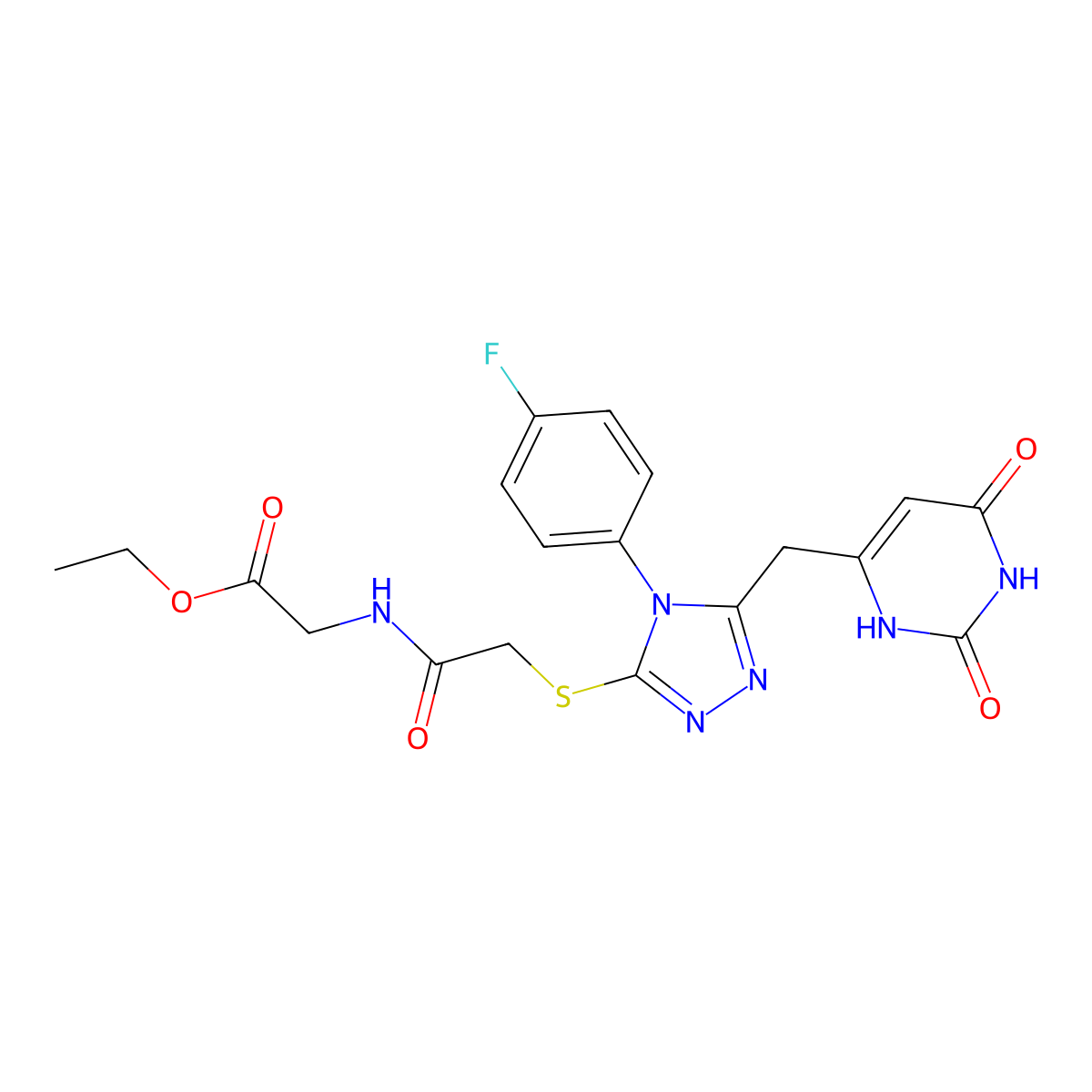 ethyl 2-(2-((5-((2,6-dioxo-1,2,3,6-tetrahydropyrimidin-4-yl)methyl)-4-(4-fluorophenyl)-4H-1,2,4-triazol-3-yl)thio)acetamido)acetate molecular structure, CAS 852154-26-8