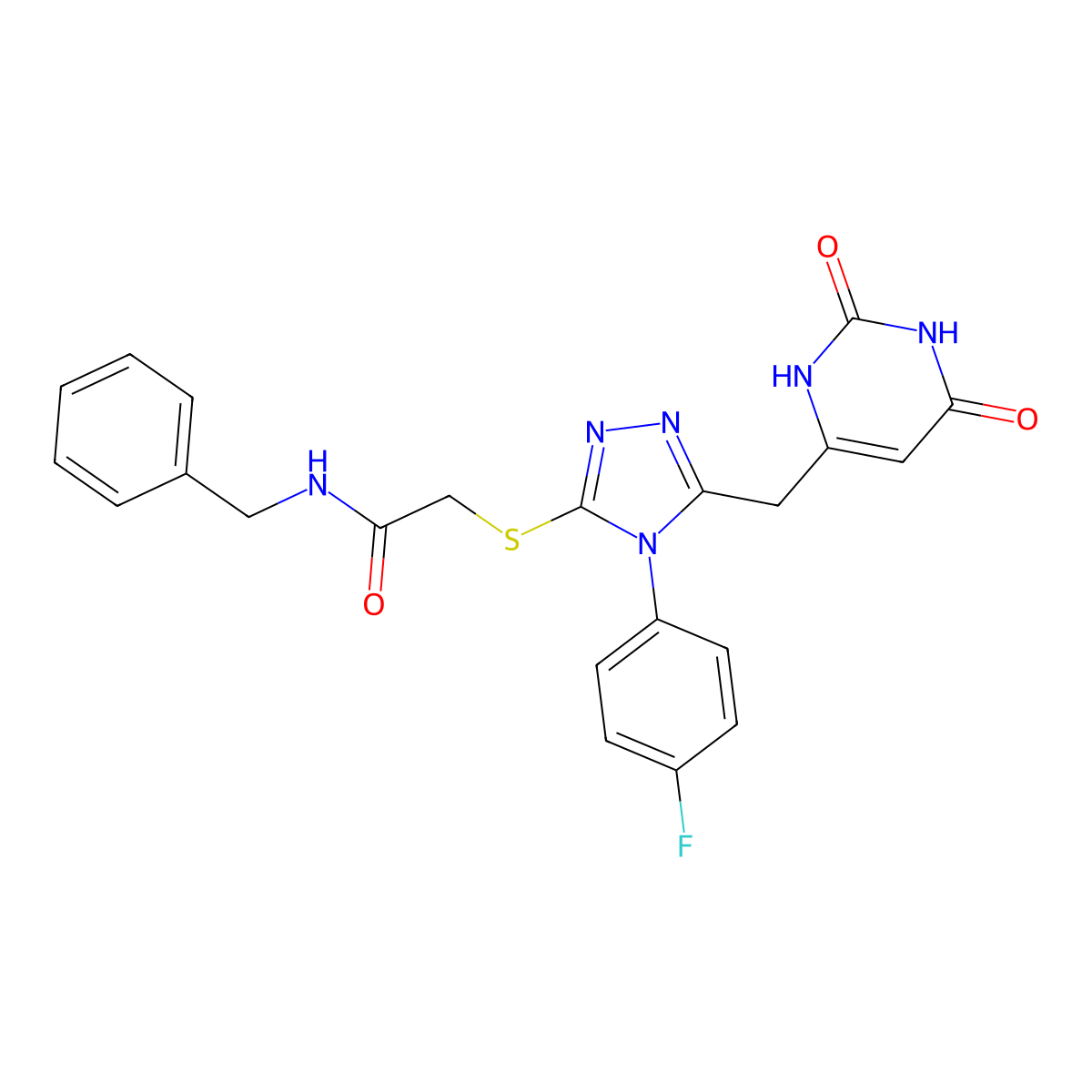 N-benzyl-2-((5-((2,6-dioxo-1,2,3,6-tetrahydropyrimidin-4-yl)methyl)-4-(4-fluorophenyl)-4H-1,2,4-triazol-3-yl)thio)acetamide molecular structure, CAS 852154-27-9