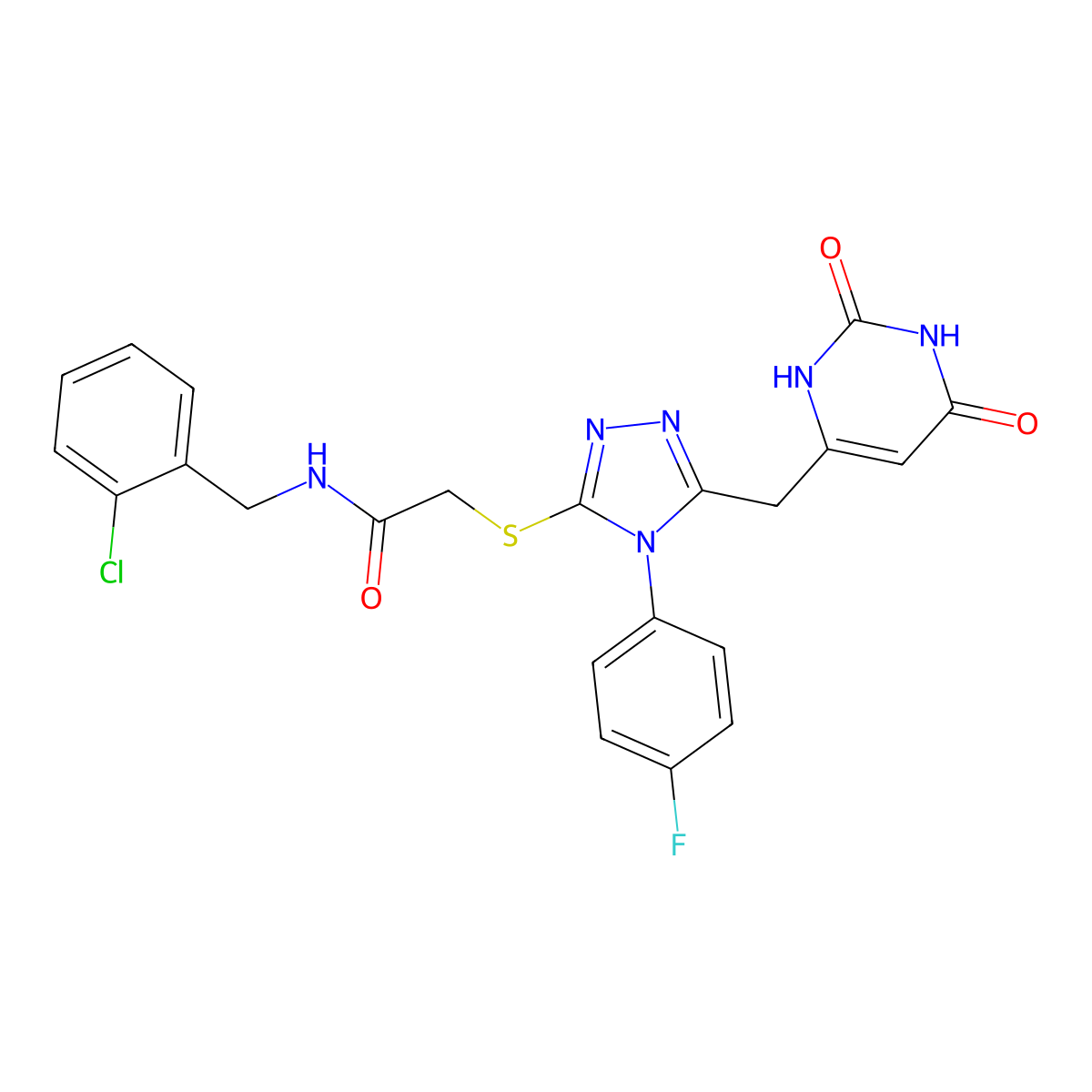 N-(2-chlorobenzyl)-2-((5-((2,6-dioxo-1,2,3,6-tetrahydropyrimidin-4-yl)methyl)-4-(4-fluorophenyl)-4H-1,2,4-triazol-3-yl)thio)acetamide molecular structure, CAS 852154-29-1