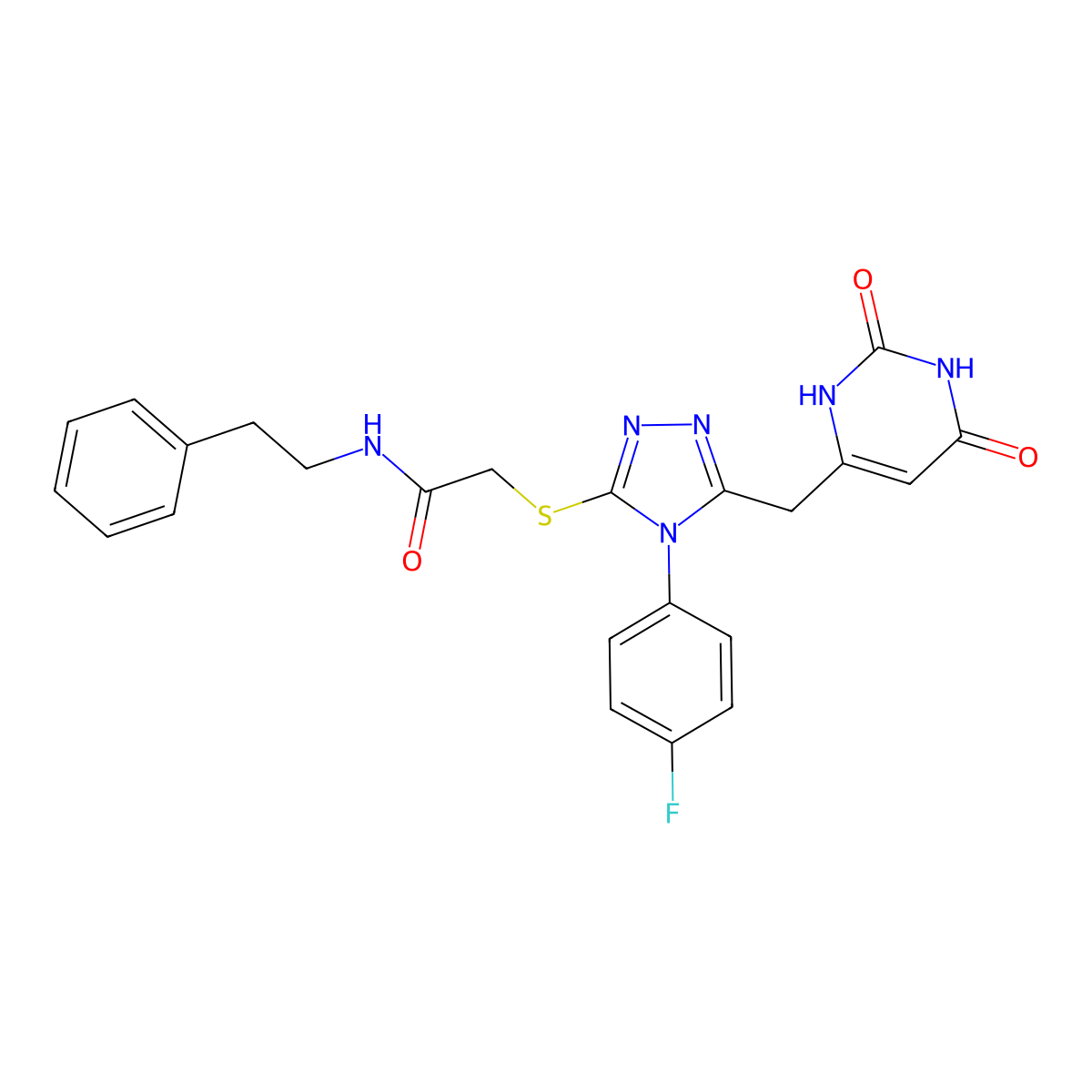 2-((5-((2,6-dioxo-1,2,3,6-tetrahydropyrimidin-4-yl)methyl)-4-(4-fluorophenyl)-4H-1,2,4-triazol-3-yl)thio)-N-phenethylacetamide molecular structure, CAS 852154-31-5